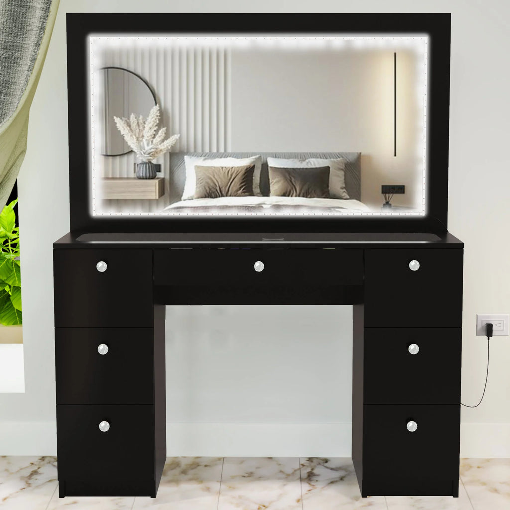 Boahaus Seraphine Modern Black Vanity Desk with LED Lights and Mirror I41173