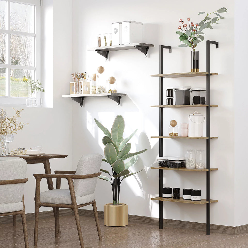 HOMCOM Industrial 5 Tier Wall Mount Ladder Shelf Bookcase, Brown W178352