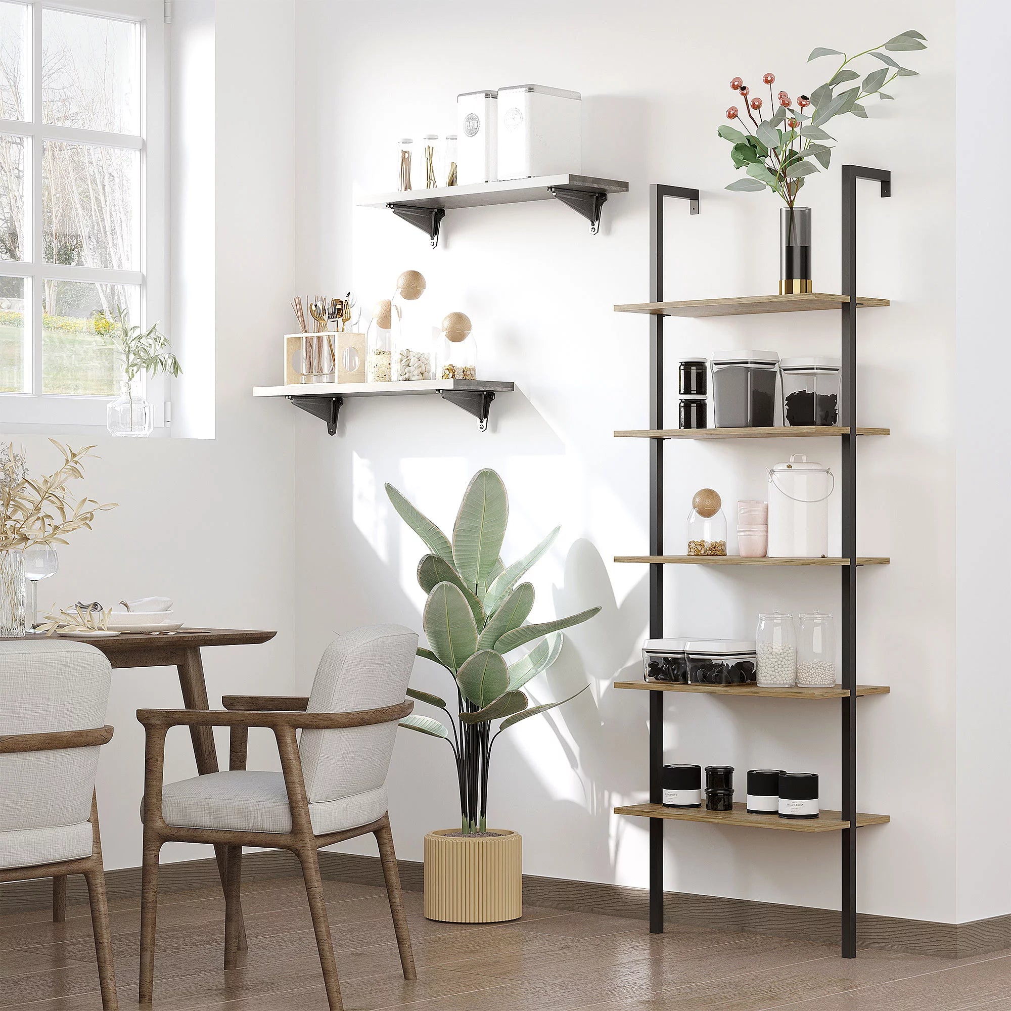 HOMCOM Industrial 5 Tier Wall Mount Ladder Shelf Bookcase, Brown W178352