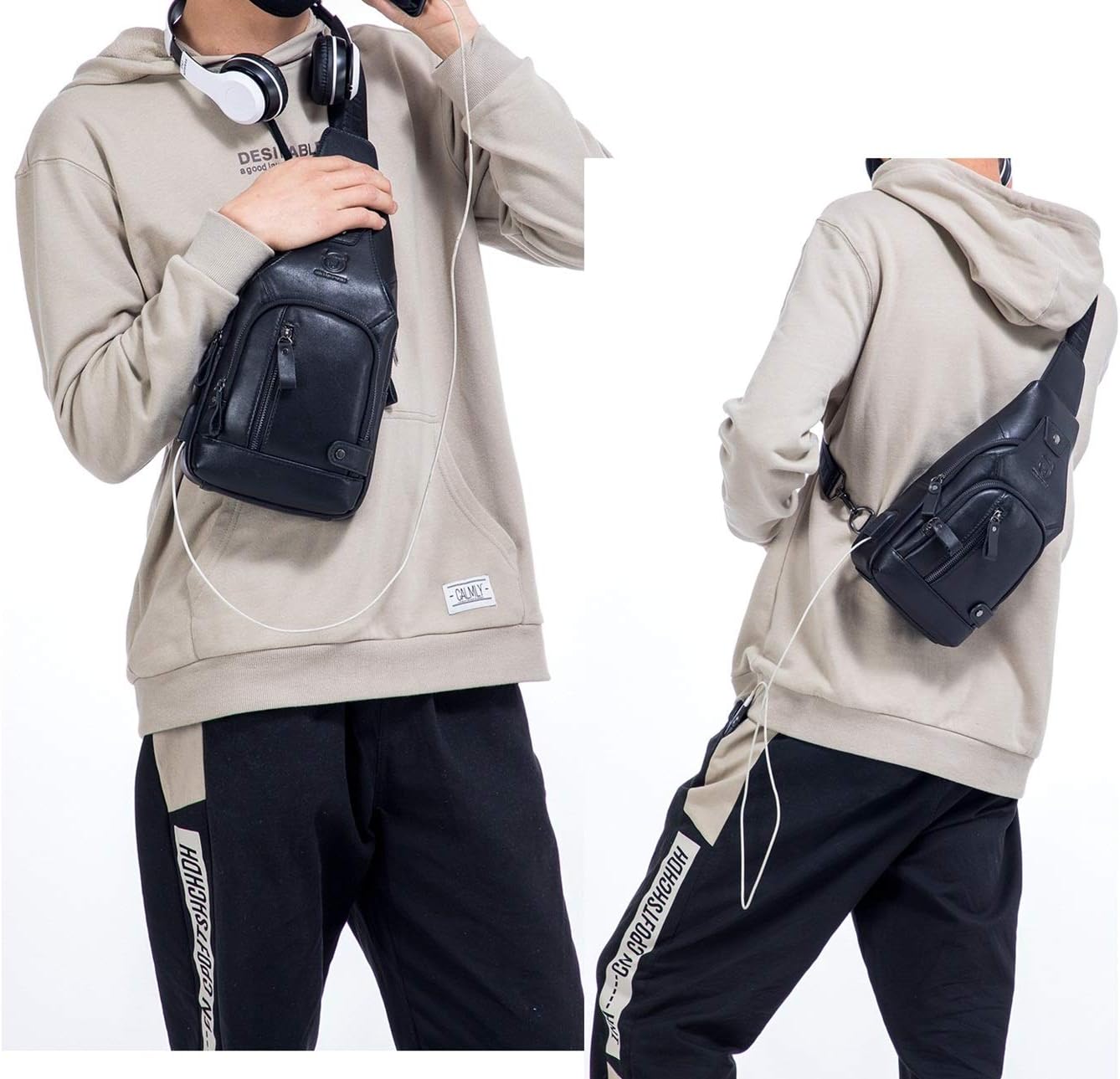 BULLCAPTAIN Men Genuine Leather Sling Crossbody Bag with USB Port T511846