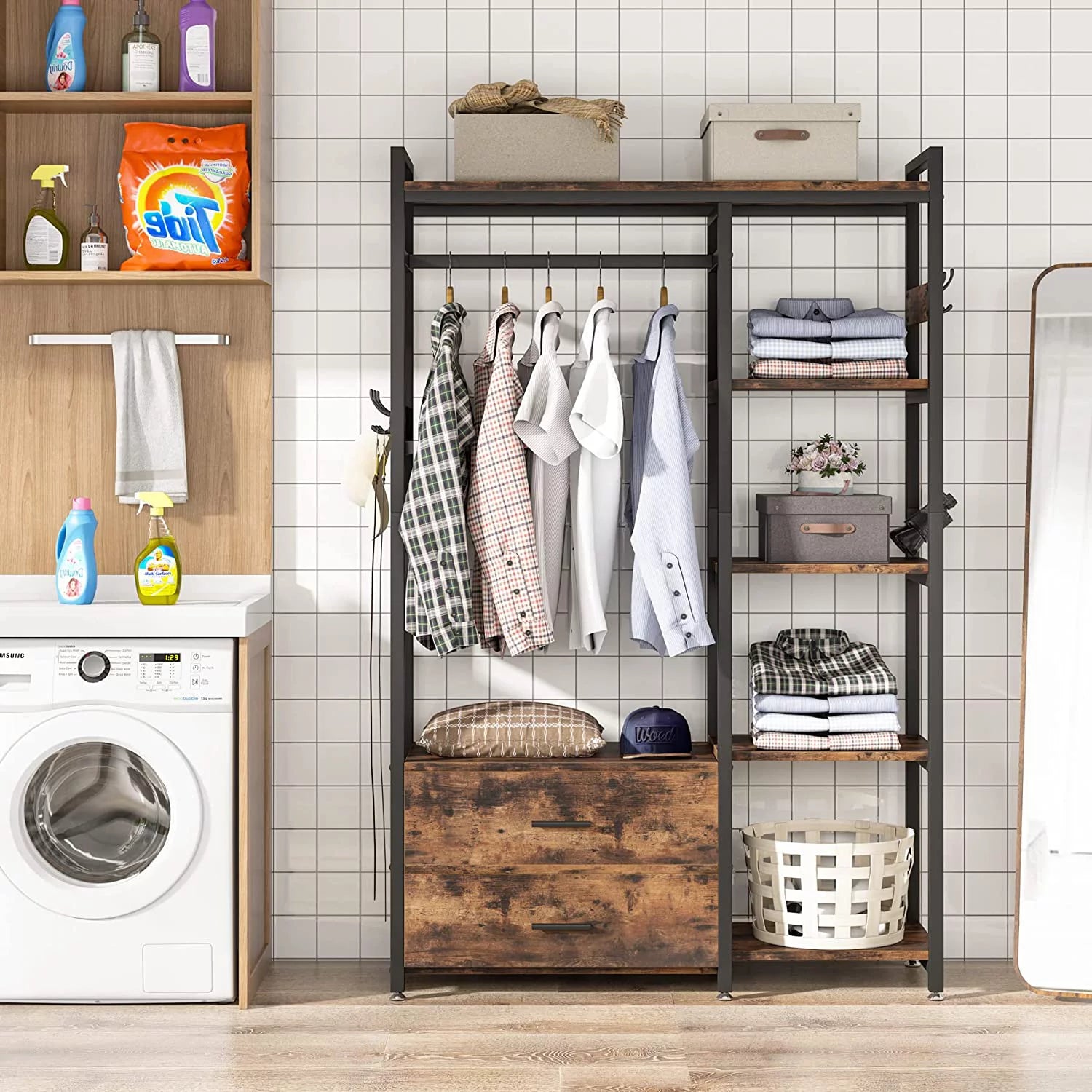 Tribesigns Freestanding Closet Organizer with Drawers and Shelves, Rustic Brown F28099