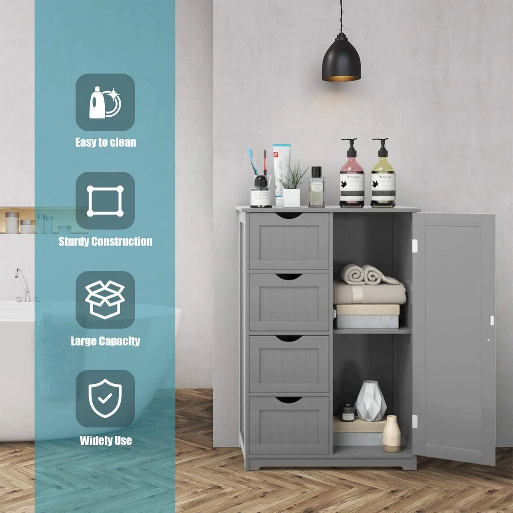 Freestanding Bathroom Storage Cabinet with 4 Drawers and Cupboard, Gray E602183