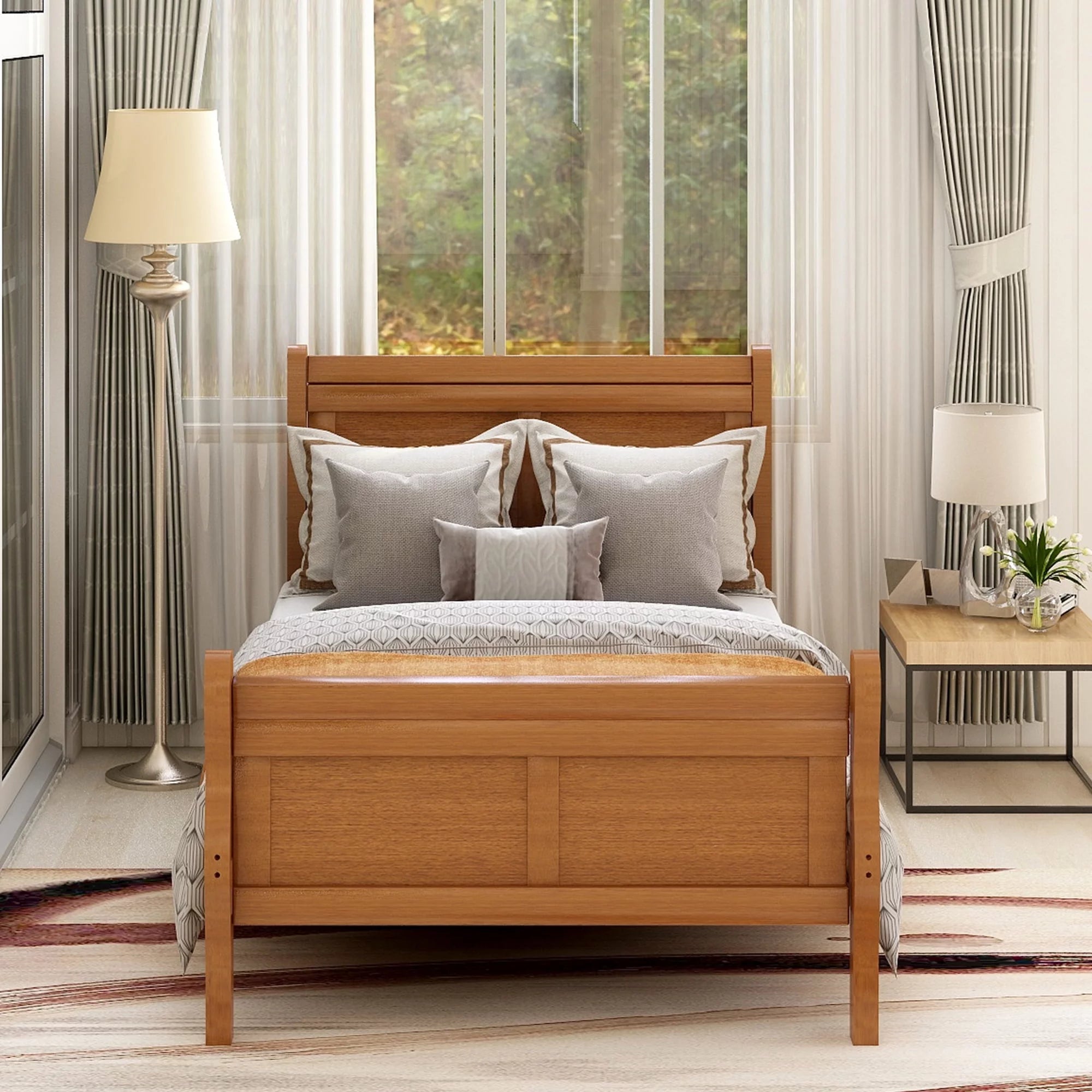 Twin Wood Platform Bed Frame with Headboard and Slat Support S385