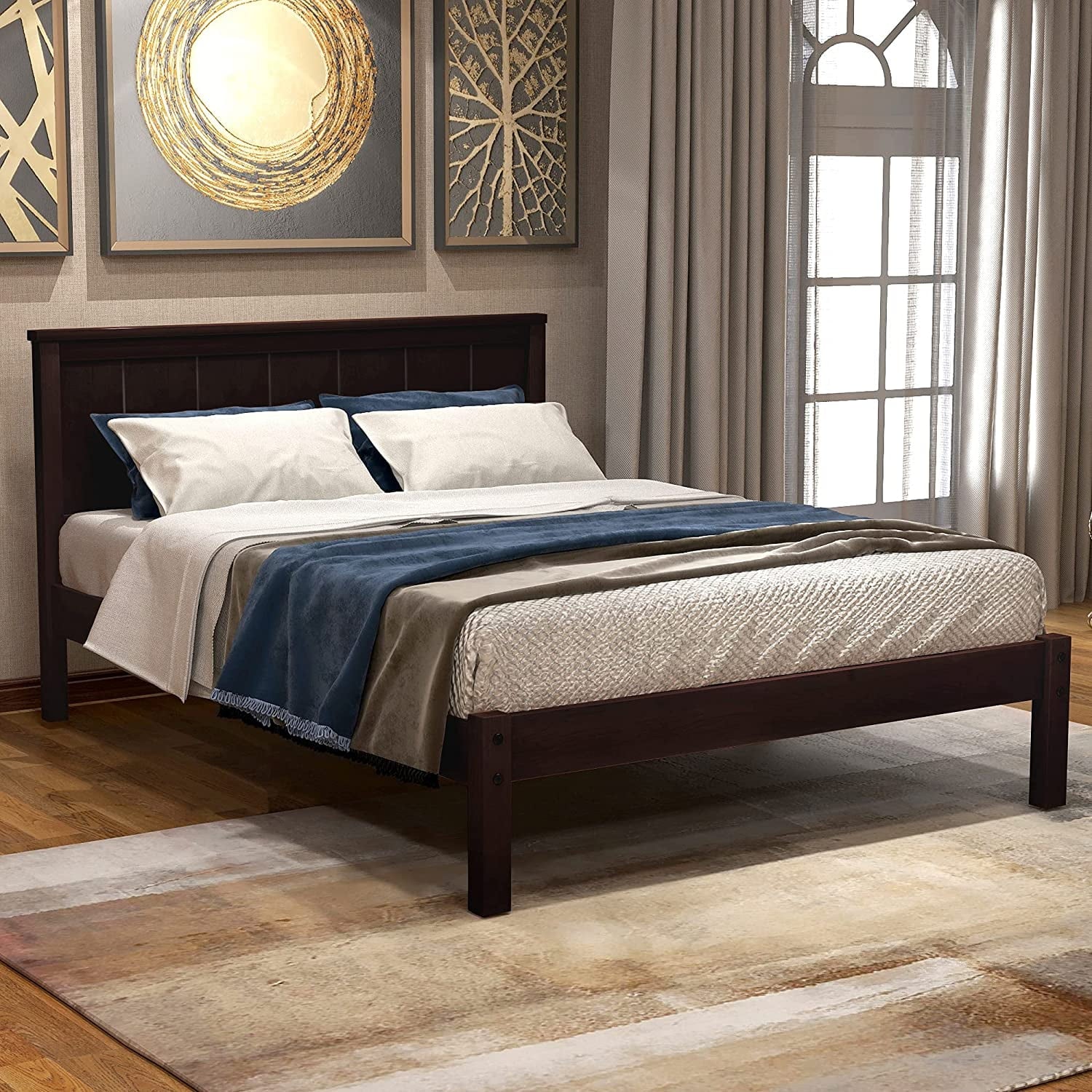 Solid Wood Platform Bed Frame with Headboard, Espresso L977174