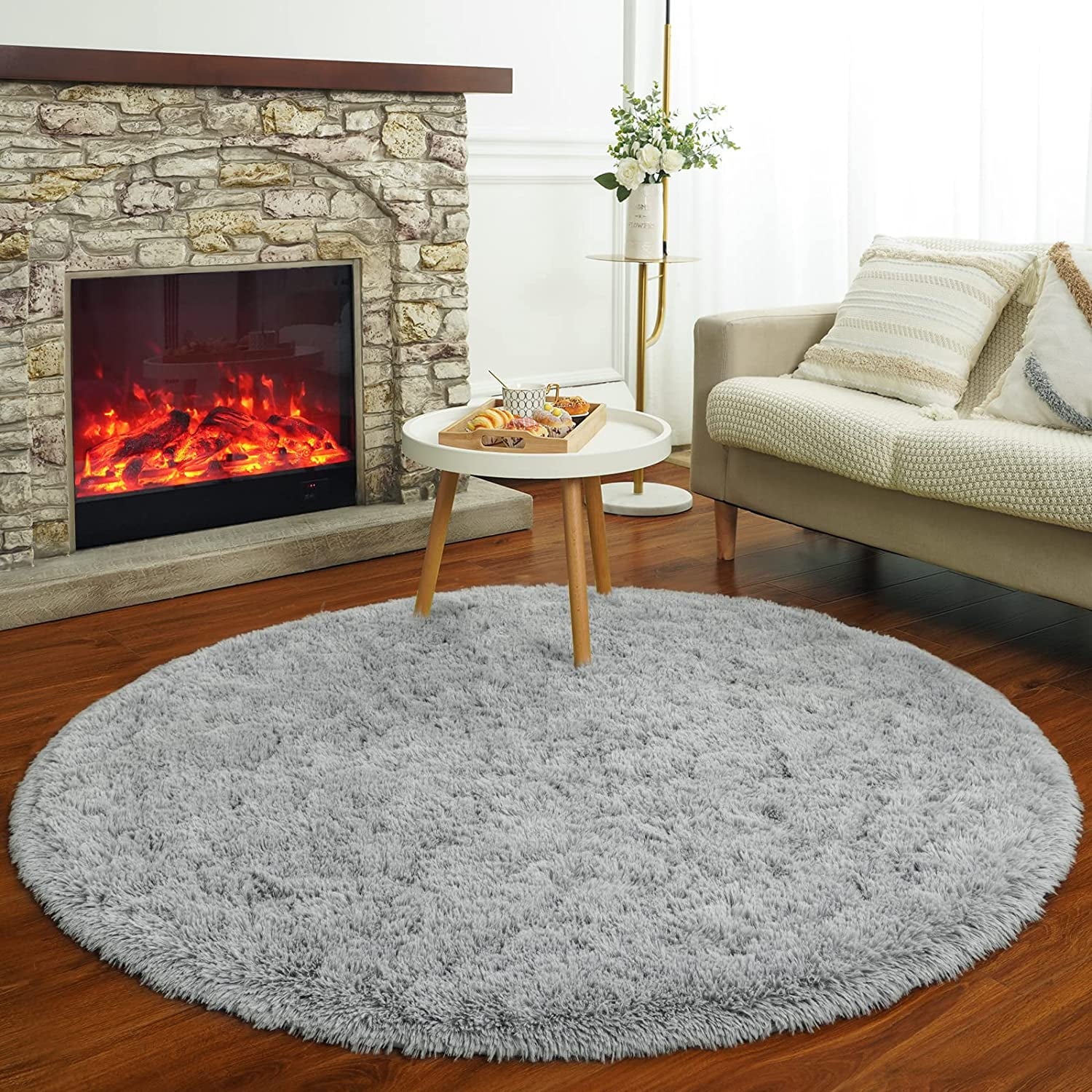 Junovo Luxury Round Fluffy Area Rug for Bedroom Living Room, 5'x5', Gray O830422