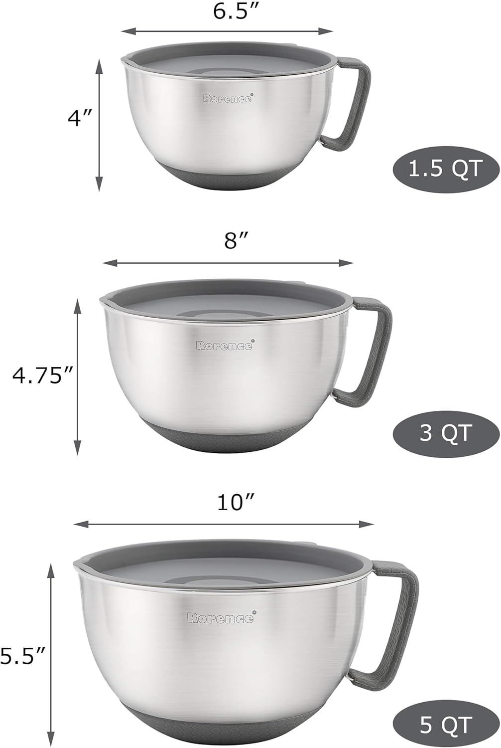 Rorence Mixing Bowls Set of 3 Stainless Steel with Pour Spout and Lid X2154