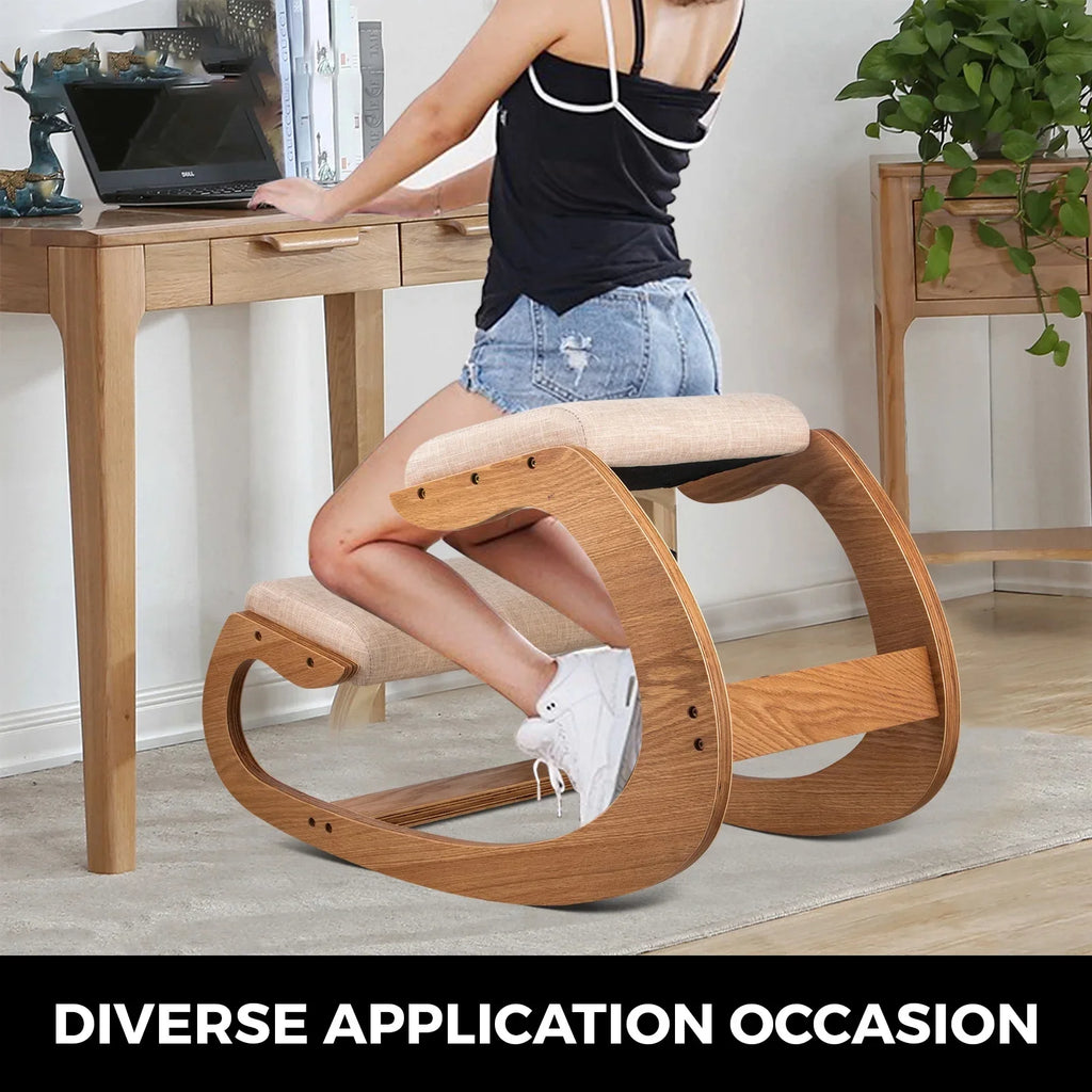 Masslatie Ergonomic Rocking Wooden Kneeling Chair Stool with Thick Cushion, White Oak Frame J763478