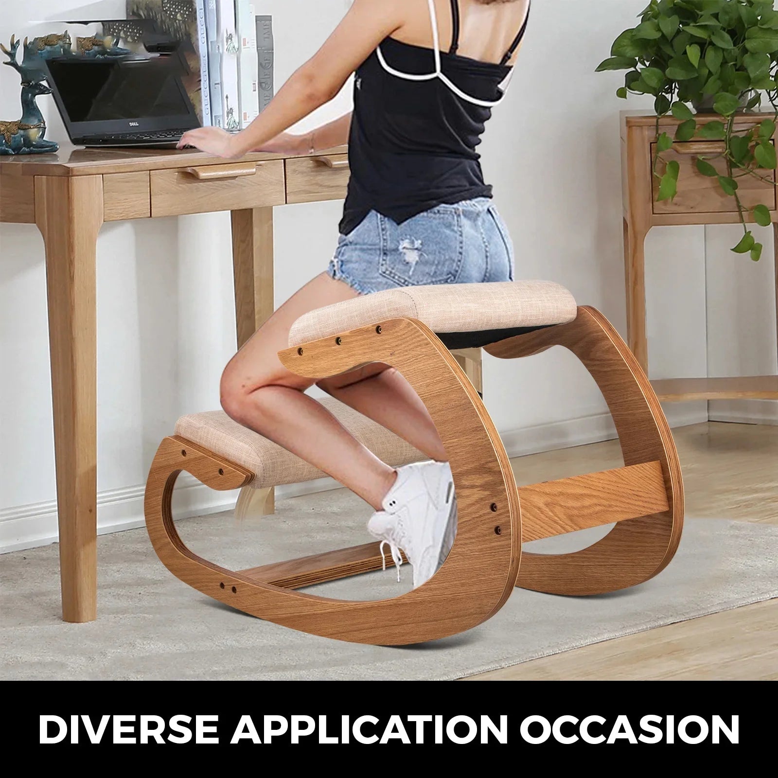 Masslatie Ergonomic Rocking Wooden Kneeling Chair Stool with Thick Cushion, White Oak Frame J763478