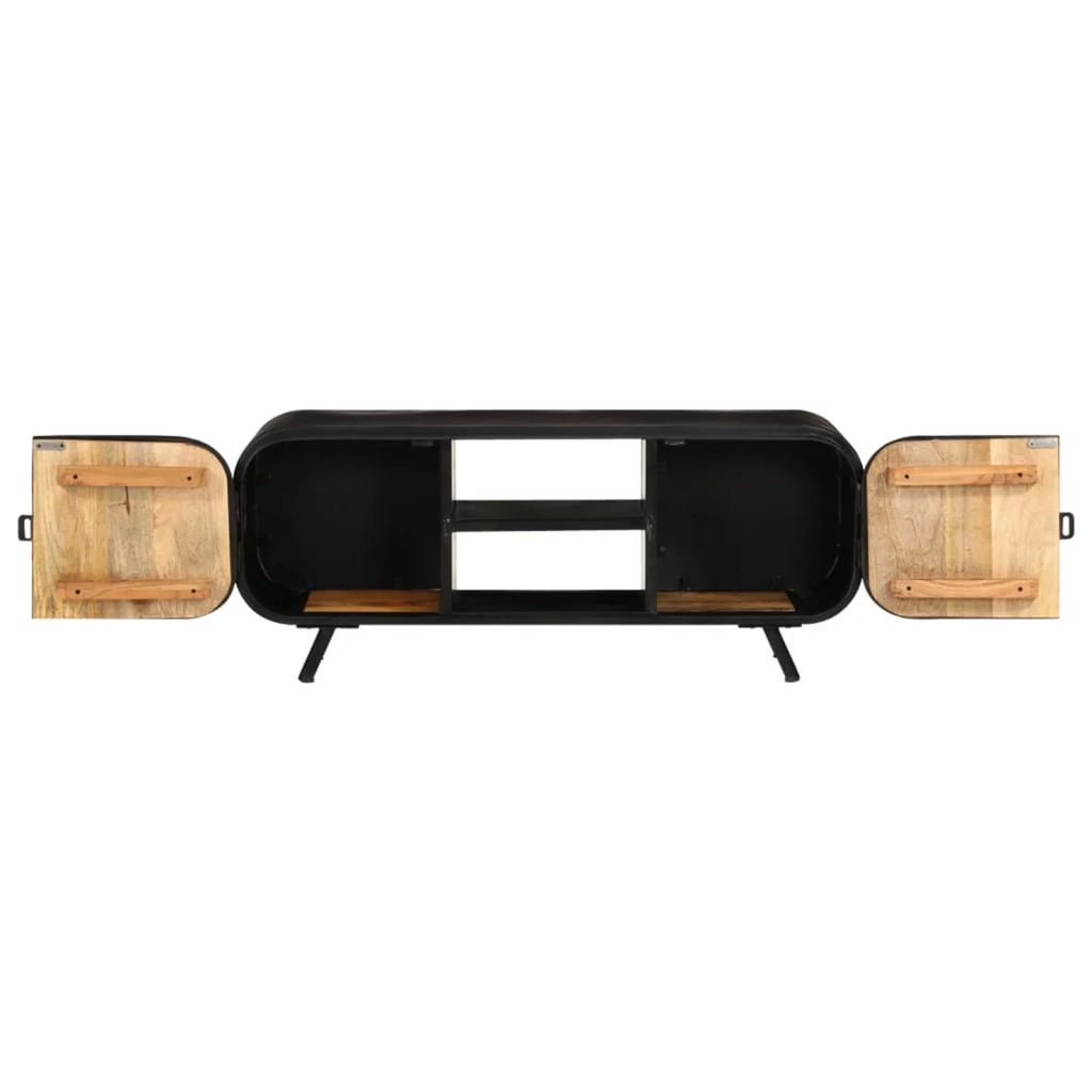 Anself TV Stand with 2 Compartments and 2 Shelves, Mango Wood, Iron Legs U5328