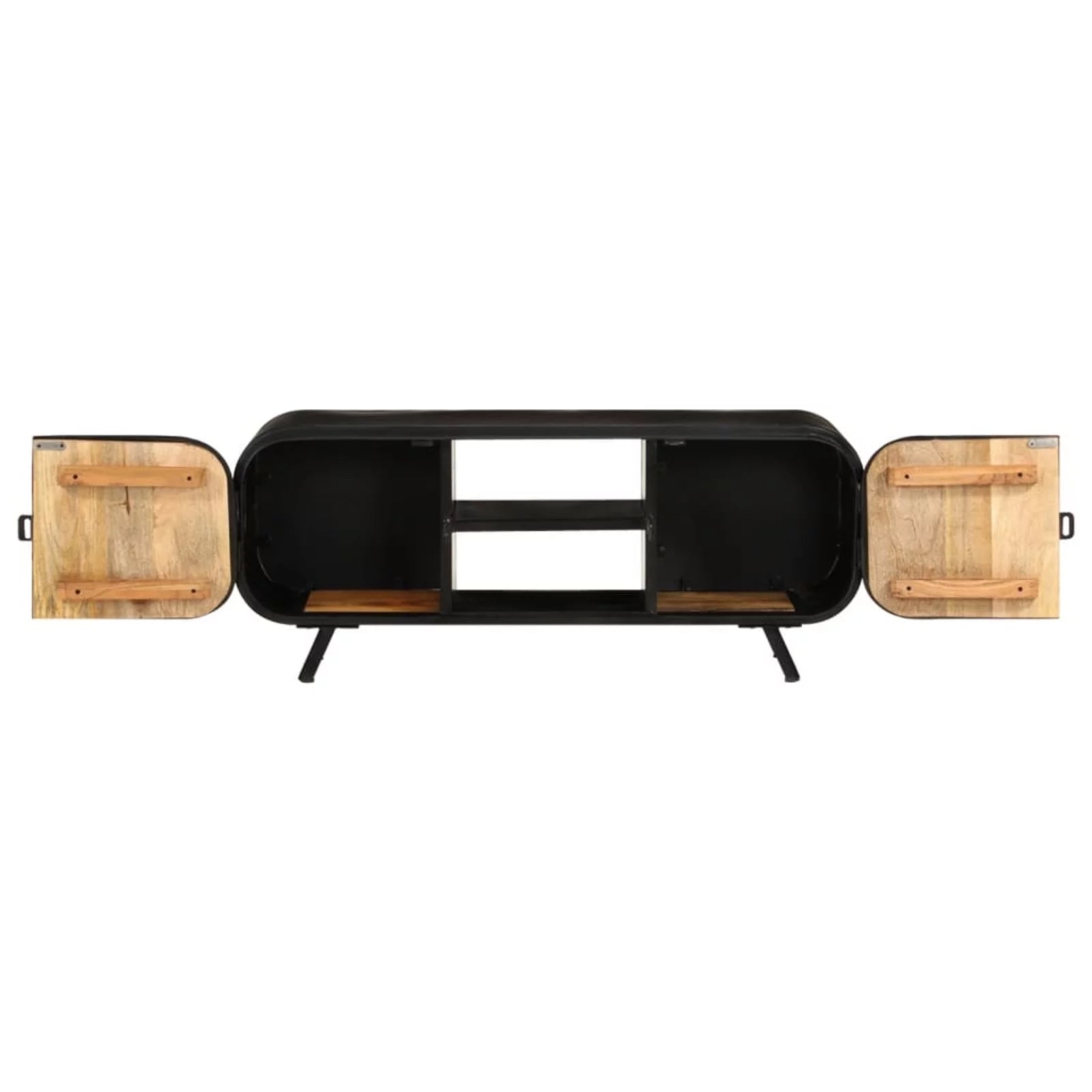 Anself TV Stand with 2 Compartments and 2 Shelves, Mango Wood, Iron Legs U5328