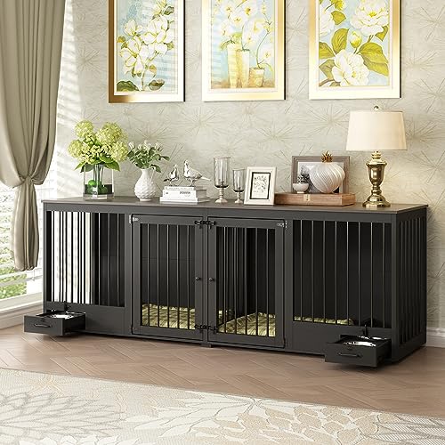 Large Wooden Dog Crate for 2 Dogs with Bowl Drawers, Black Z4354
