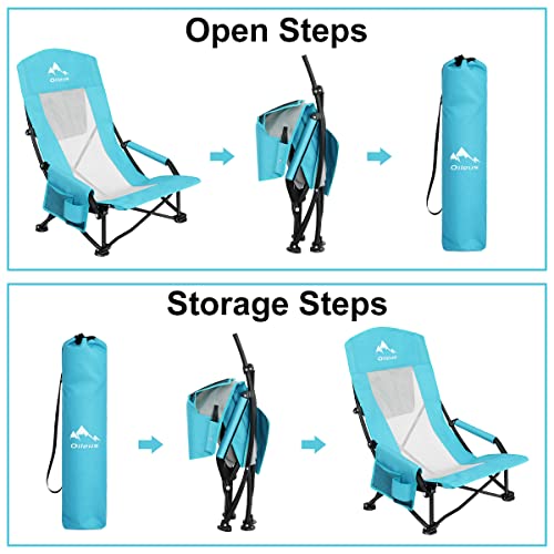 Oileus Folding Portable Beach Chair, High Back Low Seat, Full Mesh, Cup Holder, 2 Pcs F5653