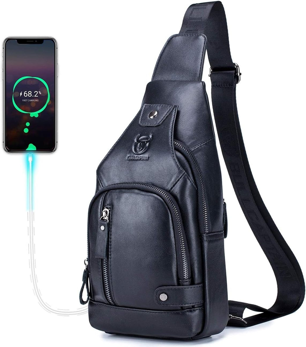 BULLCAPTAIN Men Sling Crossbody Bag with USB Charging Port Genuine Leather Shoulder Chest Bag Travel Hiking Backpack (Black)