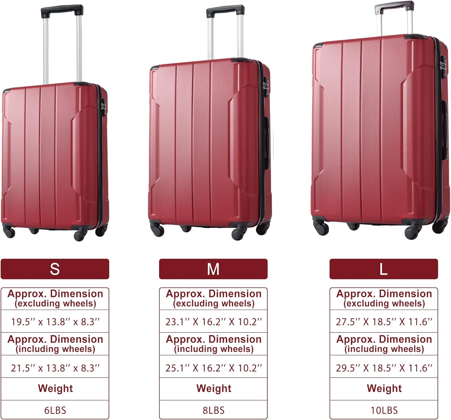 Flieks 3 Piece Luggage Set, Lightweight Hardshell Spinner, TSA Lock, Red L18160