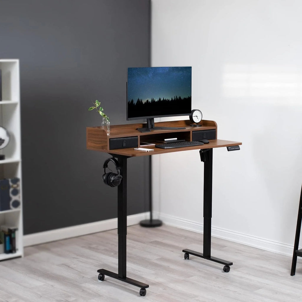 Electric 2-Tier Height Adjustable Stand Up Desk with Storage Drawers, Dark Walnut W1695