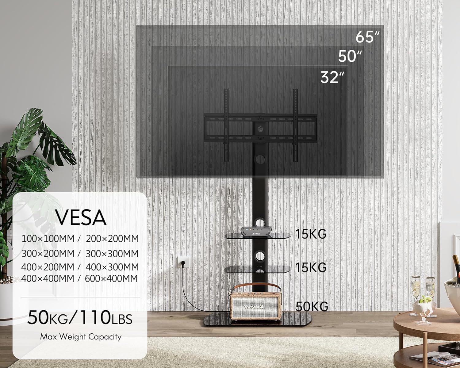 FITUEYES Universal Floor TV Stand Height Adjustable Swivel Mount for 32-65 Inch TVs, Black R65405