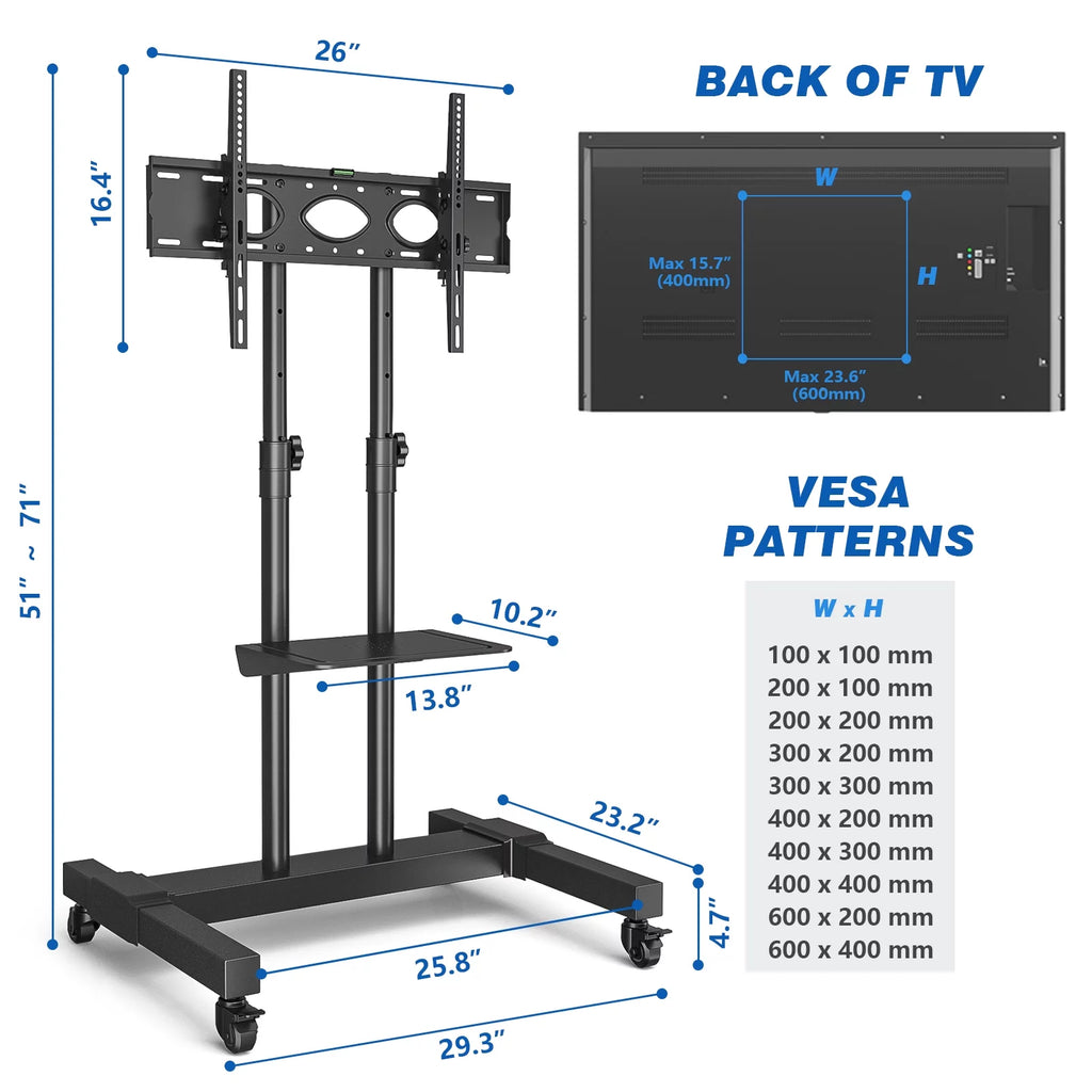 Mobile TV Cart for 75 inch TVs, Heavy Duty Rolling Stand, Black G26844