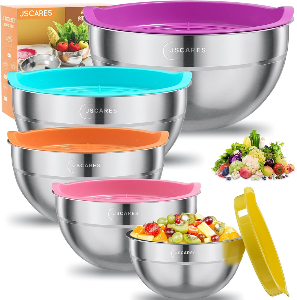 Mixing Bowls with Lids Set, 5 Piece Metal Stainless Steel Bowls Colorful Airtight Lids Stackable Food Bowls Size 4, 3.5, 2.1, 1.5, 0.7QT, Great for Baking & Mixing, Serving