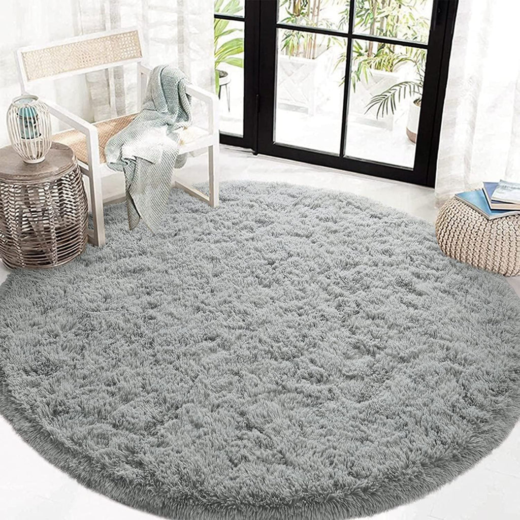Junovo Luxury Round Fluffy Area Rug for Bedroom Living Room, 5'x5', Gray O830422