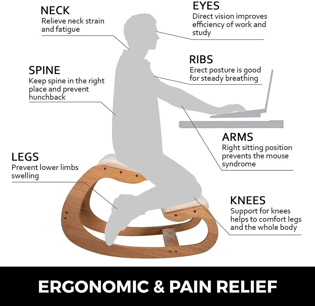 Masslatie Ergonomic Rocking Wooden Kneeling Chair Stool with Thick Cushion, White Oak Frame J763478