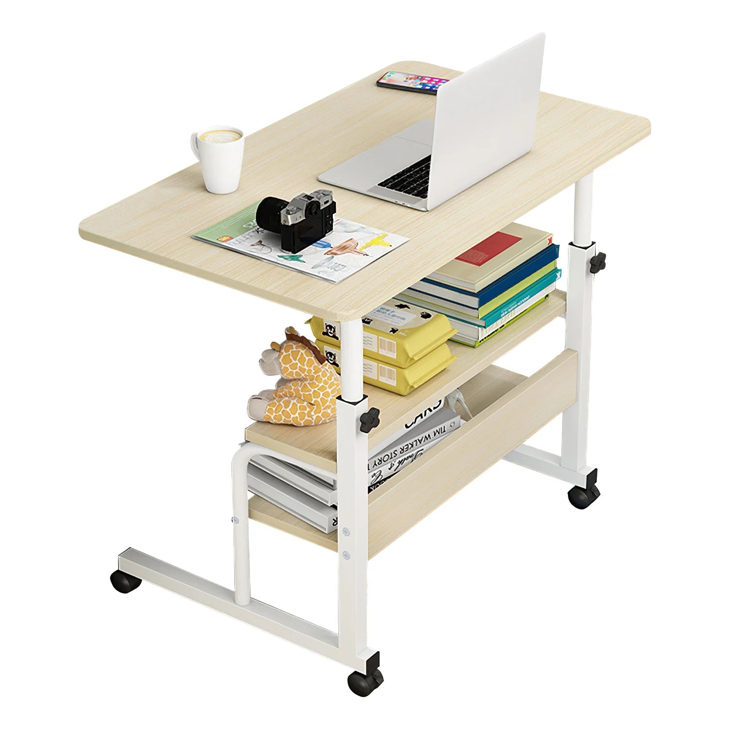 iMounTEK Laptop Desk 3-Tier Mobile Laptop Table 35in Height Adjustable C Side Snack Table with Rolling Wheels for Couch Bed Sofa Living Room Bedroom, Beige