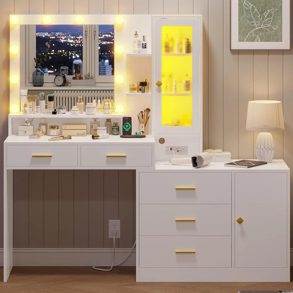 AOGLLATI Vanity Desk with Drawers, Mirror & Charging Station, White I152746
