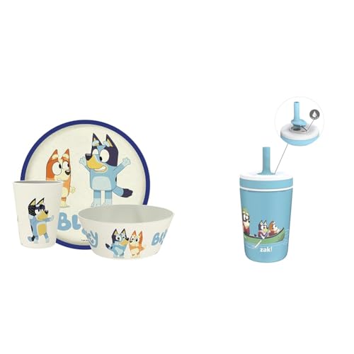 Zak Designs CoComelon Kids Dinnerware Set 4 Pieces, Durable Melamine Bamboo Plate, Bowl, Cup and Kelso 12oz Stainless Steel Insulated Tumbler are Perfect For Dinner Time With Family (JJ, Cody, Nina)
