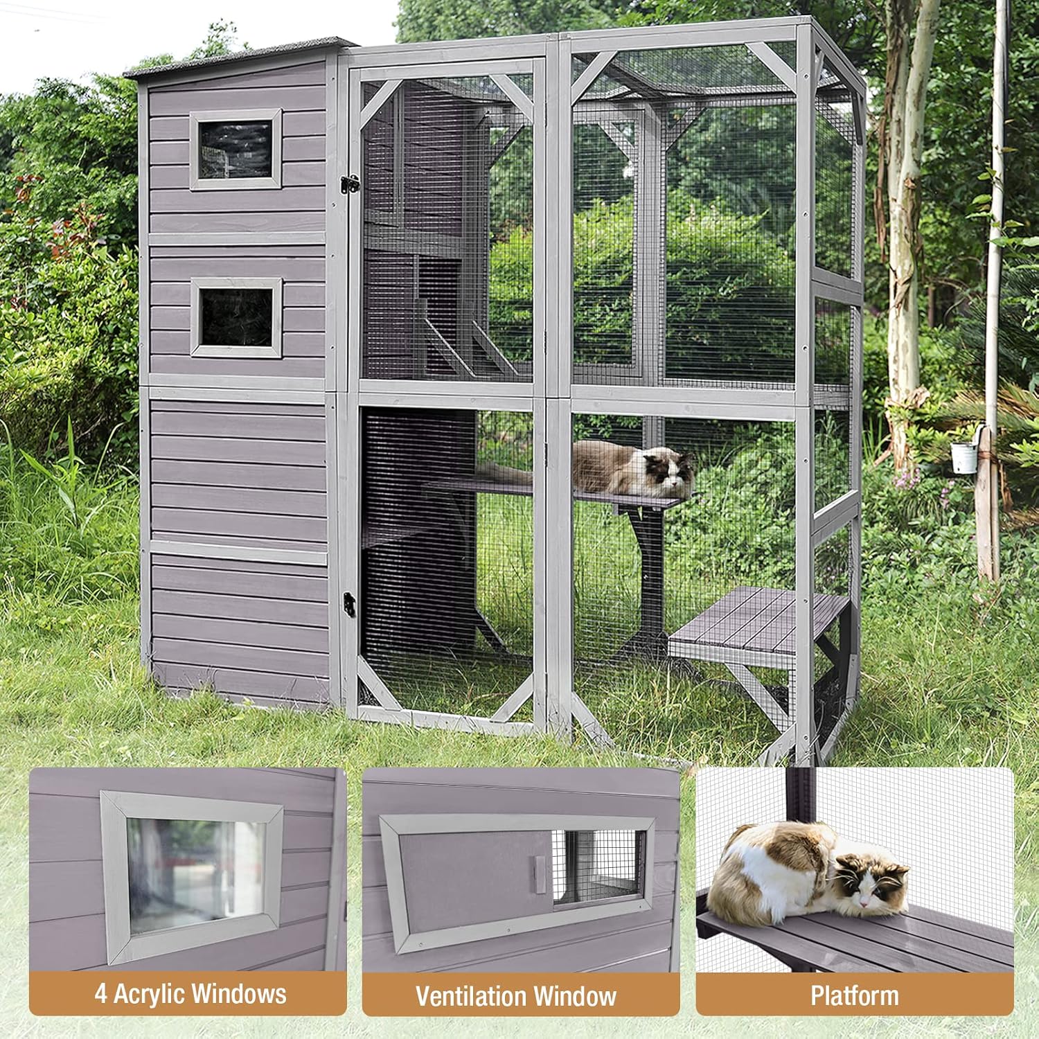 Large Catio Kitty House with 4 Tiers, Waterproof Roof, 77 Inch I334