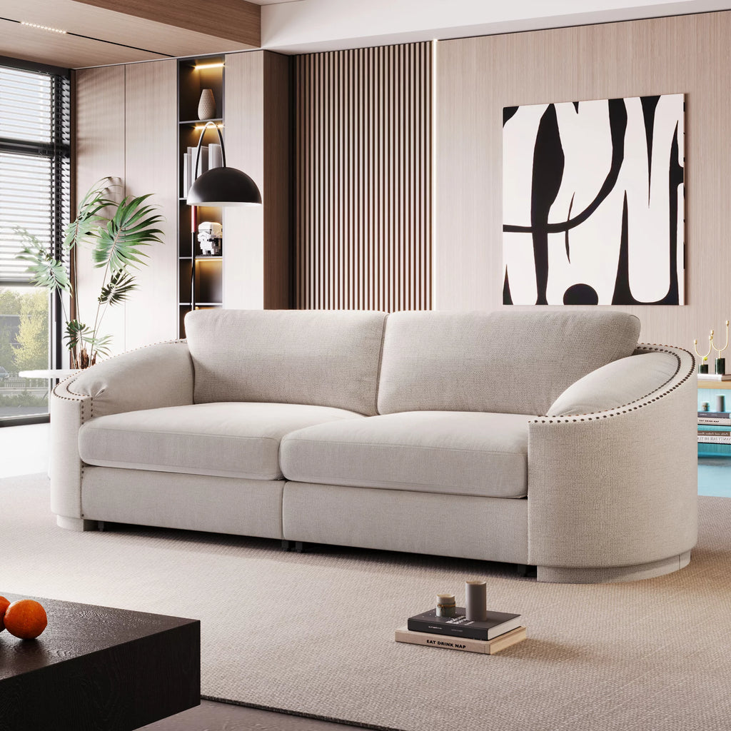 KAMIDA 3-Seater Upholstered Sofa Couch with Semilunar Arms, Beige V218
