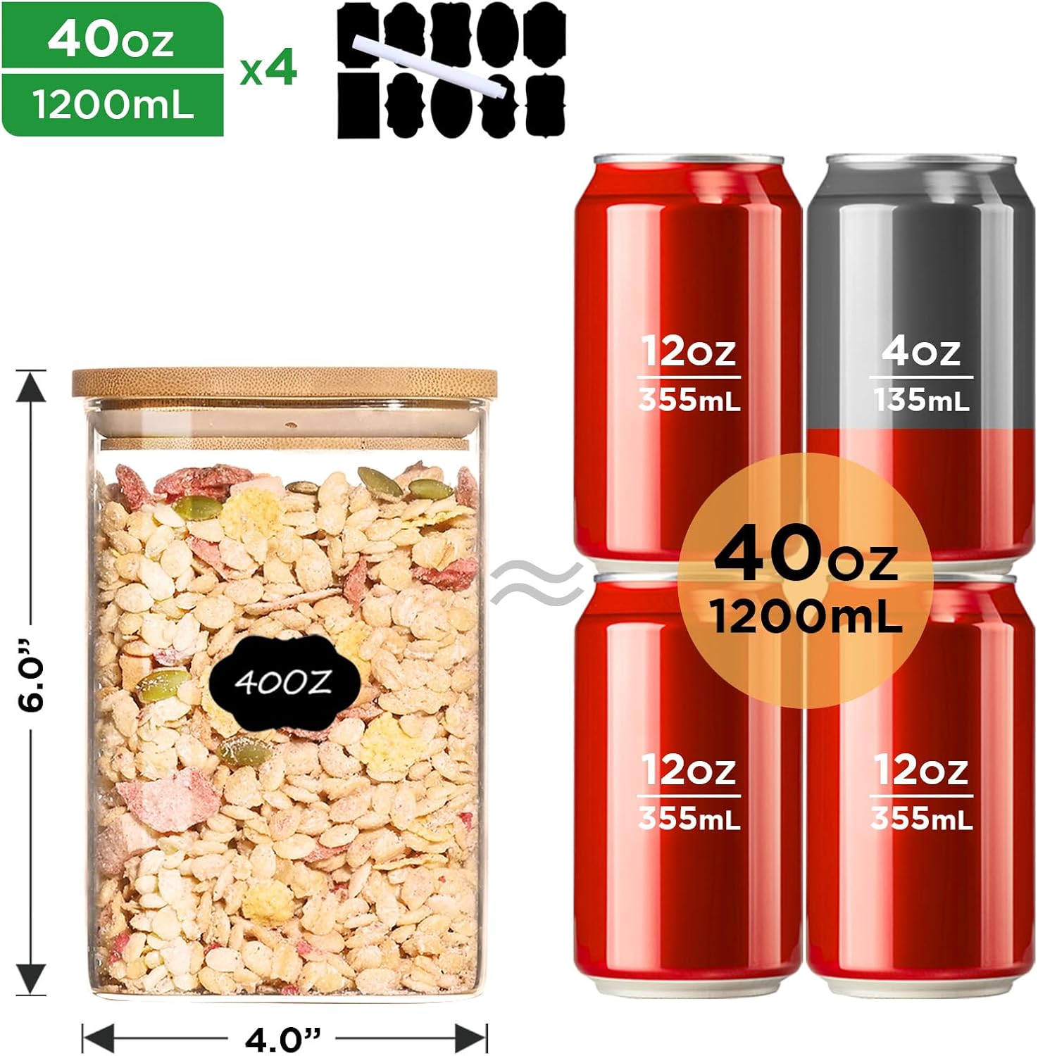 40oz Glass Food Storage Jars with Bamboo Lids, Airtight, Set of 4 H13008