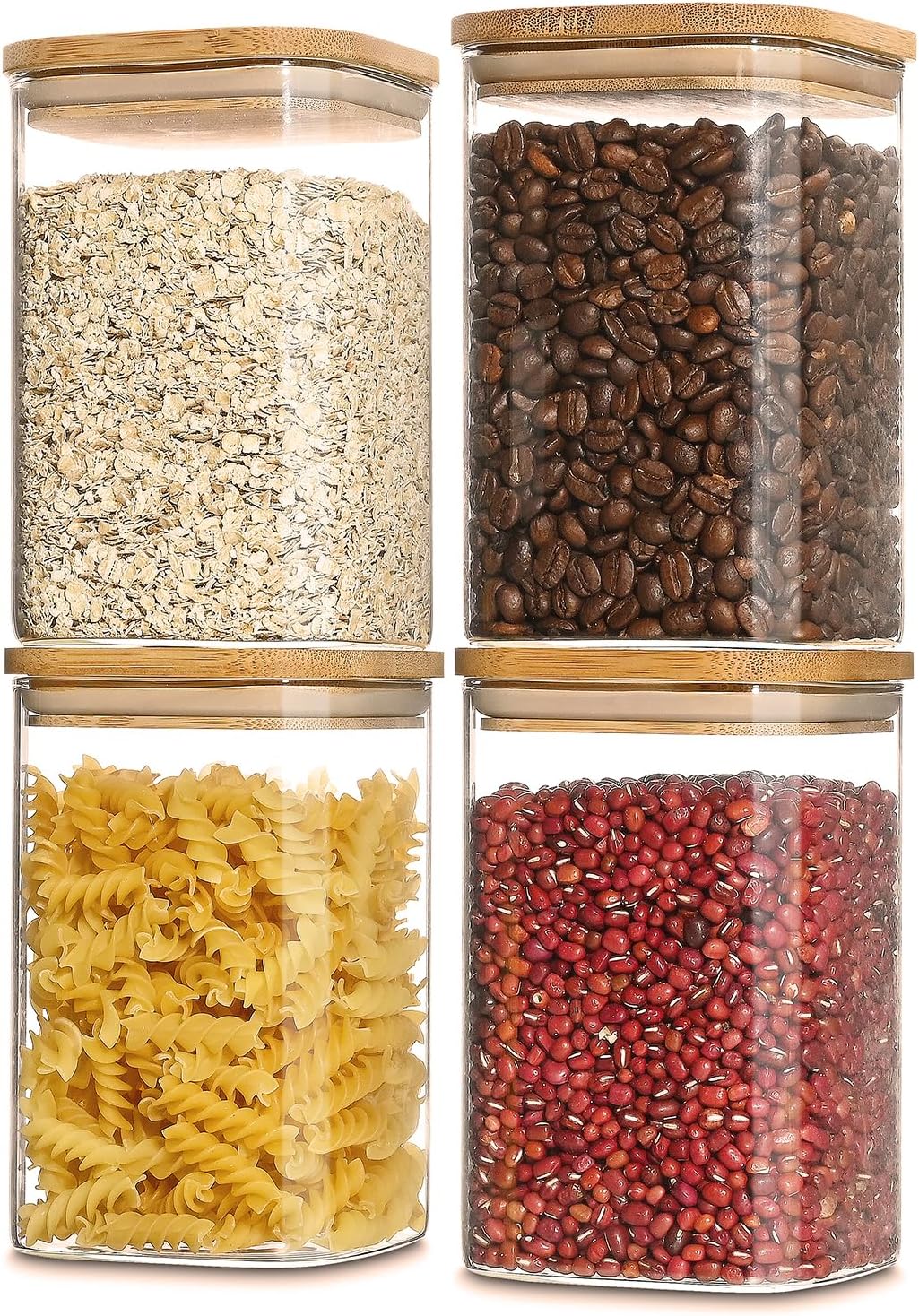 40oz Glass Food Storage Jars with Bamboo Lids, Clear Square Airtight Kitchen Storage Container Sets, Stackable Glass Pantry Food Canisters for kitchen Counter, Candy, Cookie, Rice, Cereal (Set of 4)