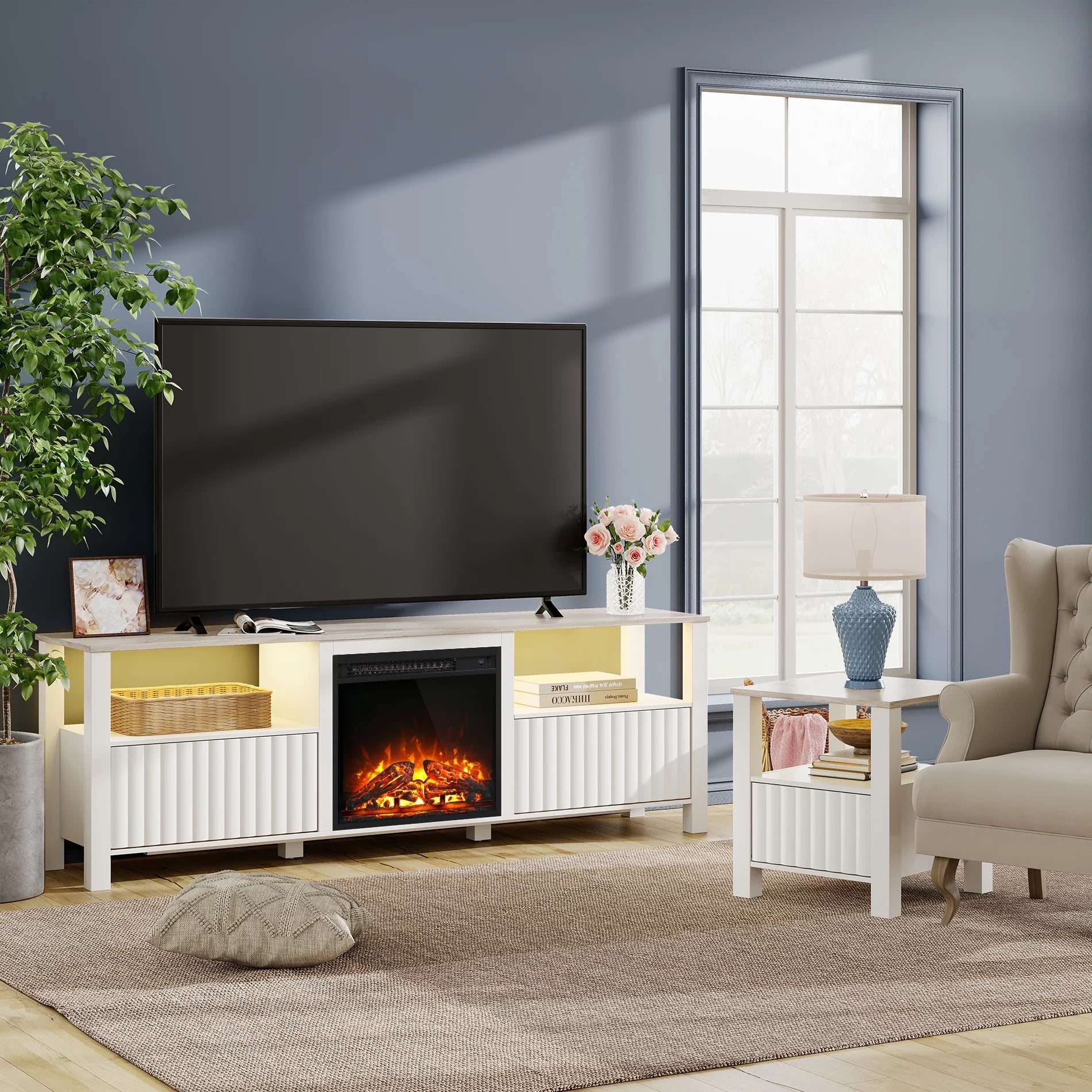 Fireplace TV Stand for TVs up to 80 Inch, Wood Entertainment Center for 75 inch TV with Electric Fireplace for Living Room Bedroom, 70 inch, White