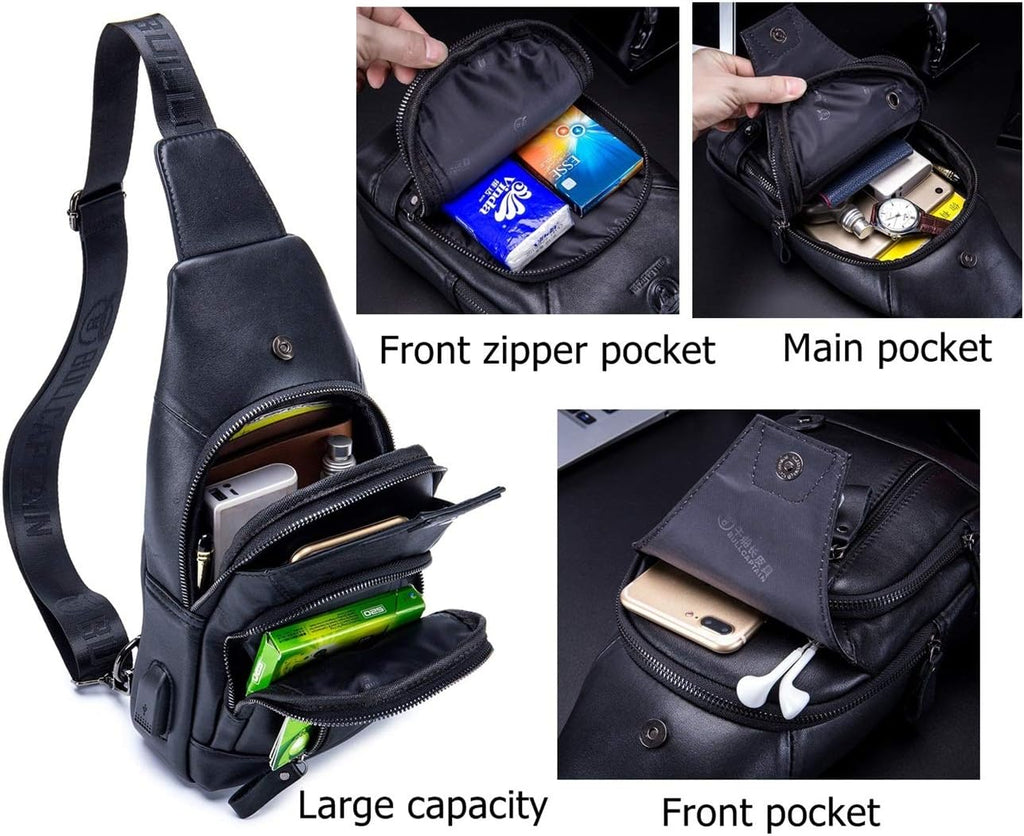 BULLCAPTAIN Men Genuine Leather Sling Crossbody Bag with USB Port T511846