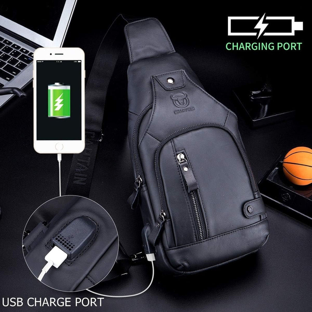 BULLCAPTAIN Men Genuine Leather Sling Crossbody Bag with USB Port T511846