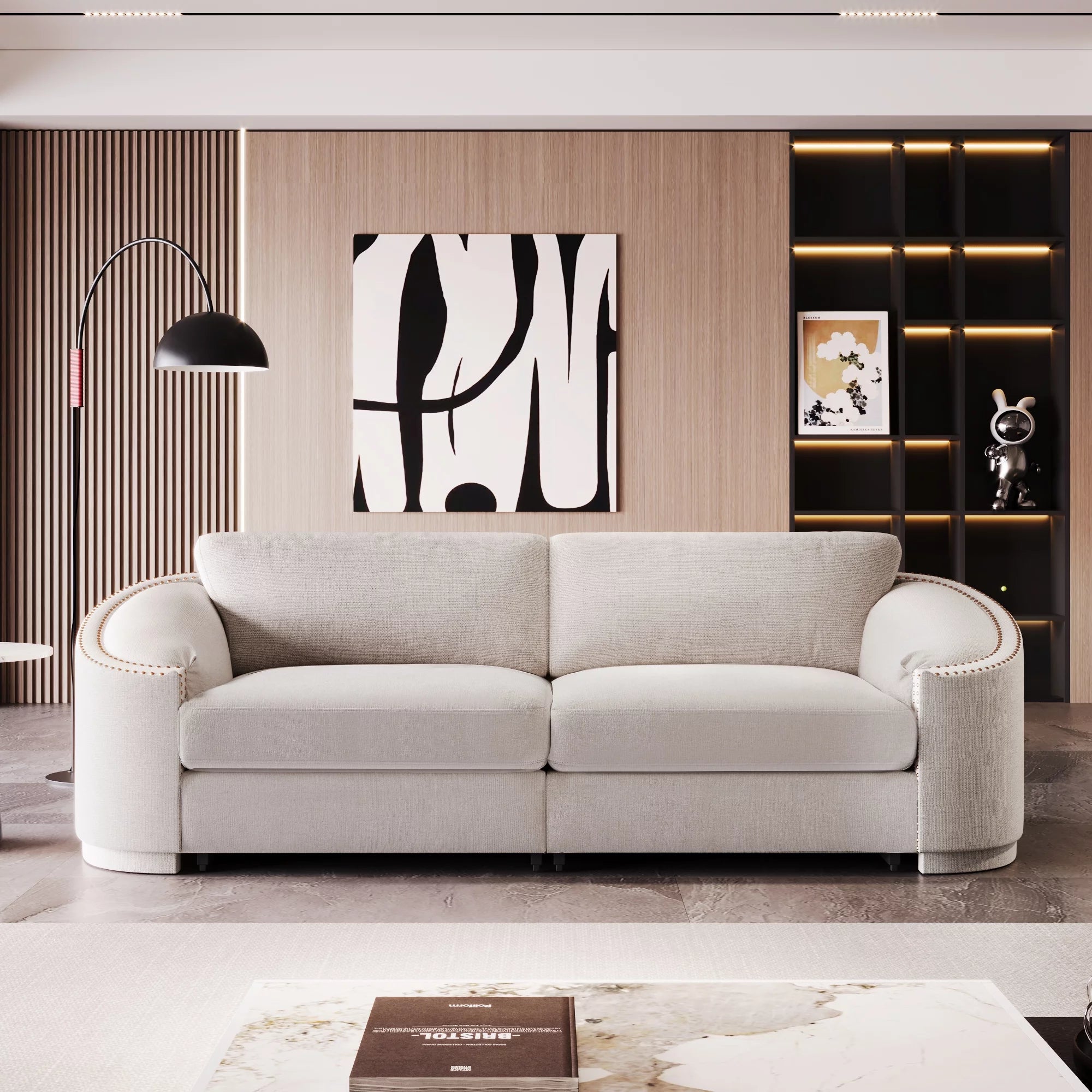 3-Seater Sofa Couch, KAMIDA Sofas and Couches, Upholstered Sofa Couch with Semilunar Arm and Rivet Detailing, Heavy Duty Couch Furniture for Home Apartment Living Room, 92"L x 34"W x 30"H, Beige