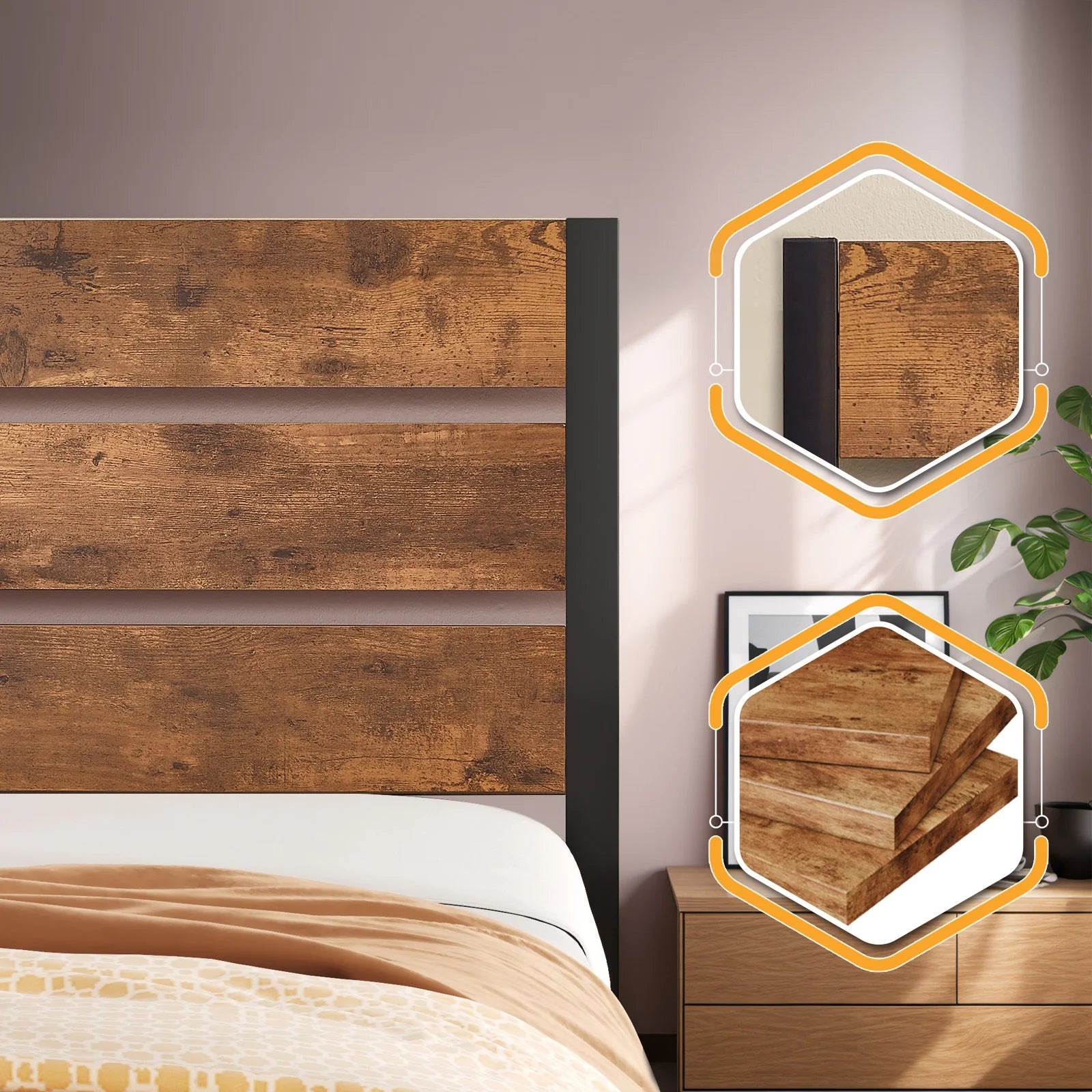 VECELO Twin Bed Frame with Wooden Headboard, Metal Slats, Brown L2211