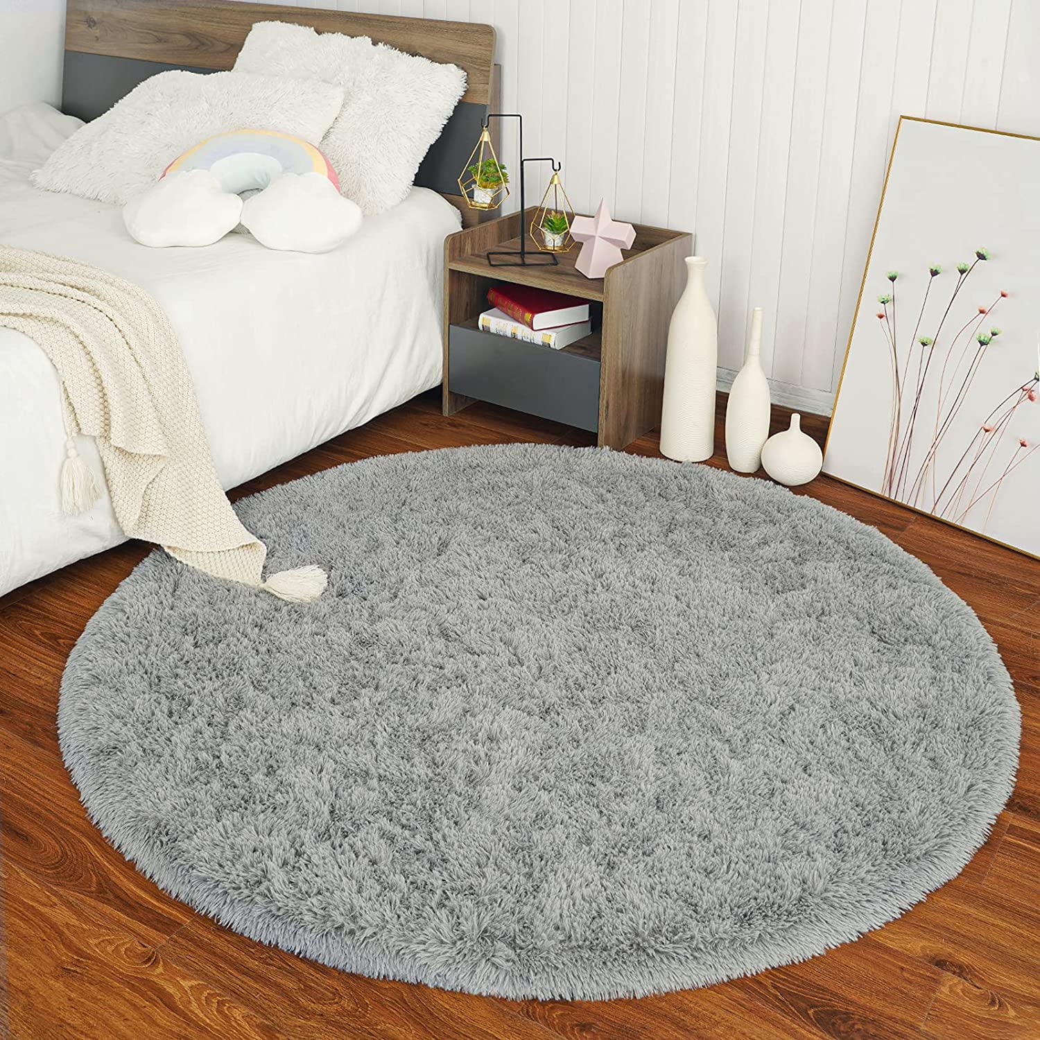 Junovo Luxury Round Fluffy Area Rug for Bedroom Living Room, 5'x5', Gray O830422