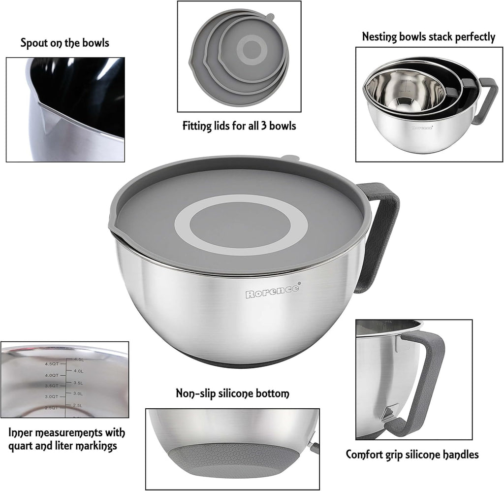 Rorence Mixing Bowls Set of 3 Stainless Steel with Pour Spout and Lid X2154