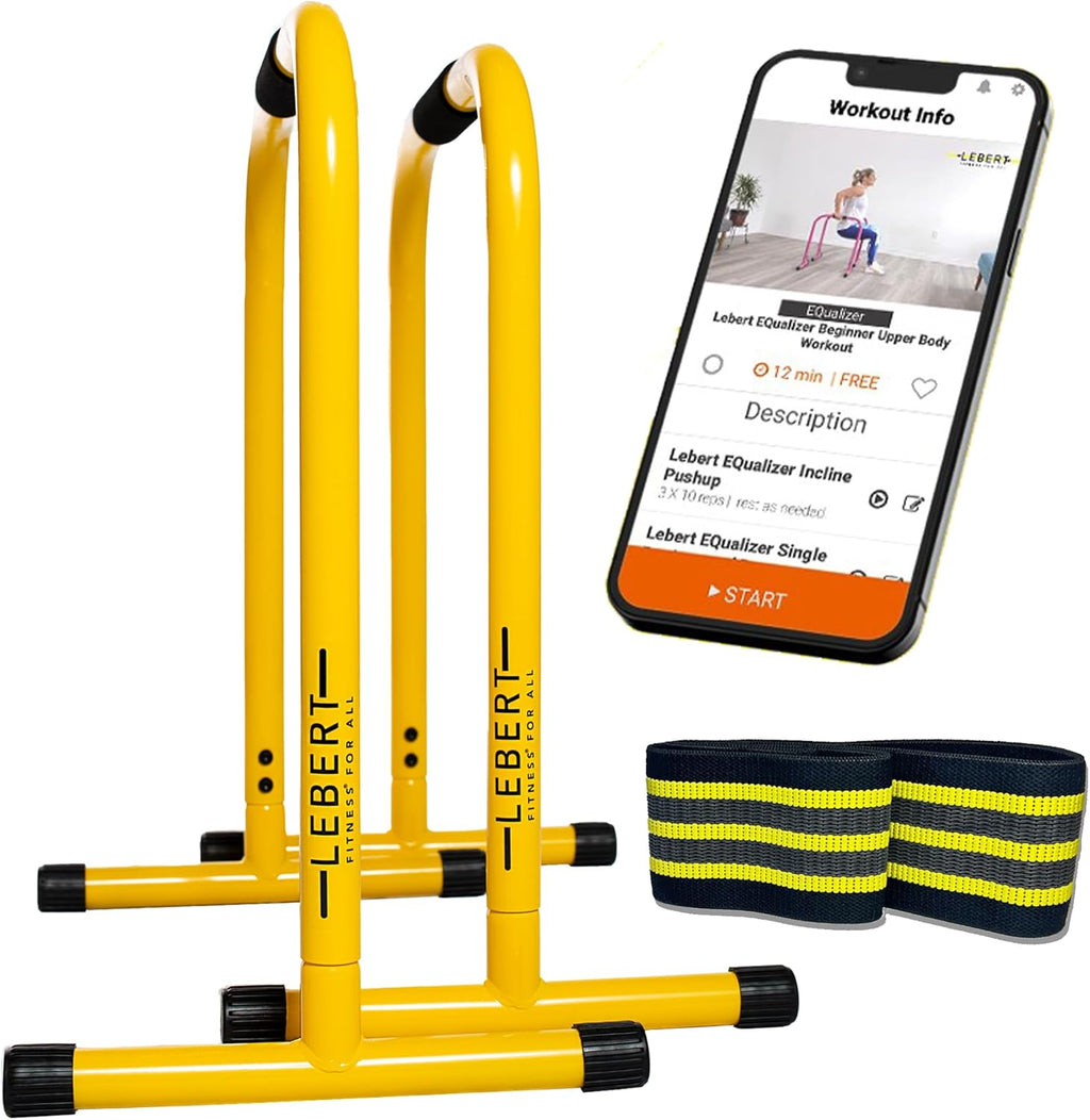 Lebert Fitness Dip Bar Stand - Original EQualizer Total Body Strengthener Pull Up Bar Home Gym Exercise Equipment Dipping Station - Hip Resistance Band, Workout Guide and Online Group - Yellow