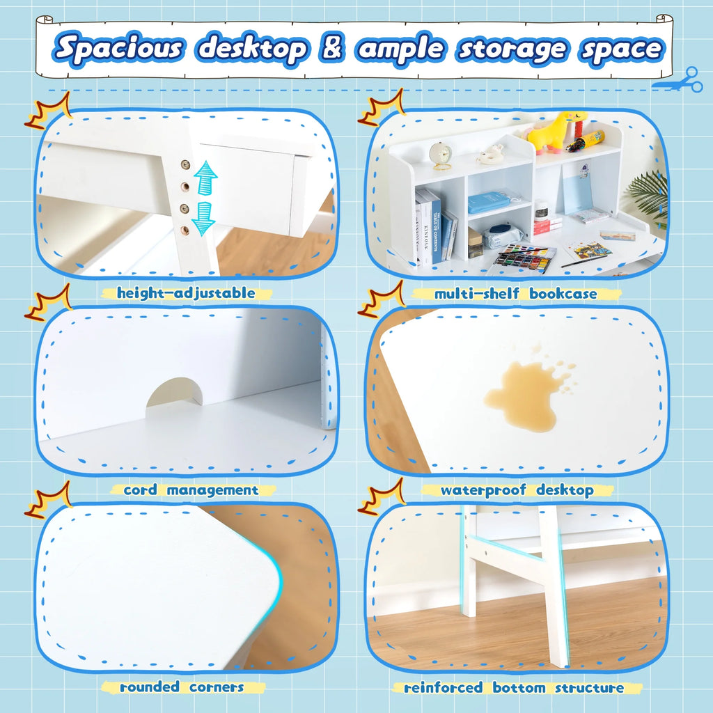 Kids Desk and Chair Set with Drawers, White Wooden Study Desk for Ages 5-12 F251
