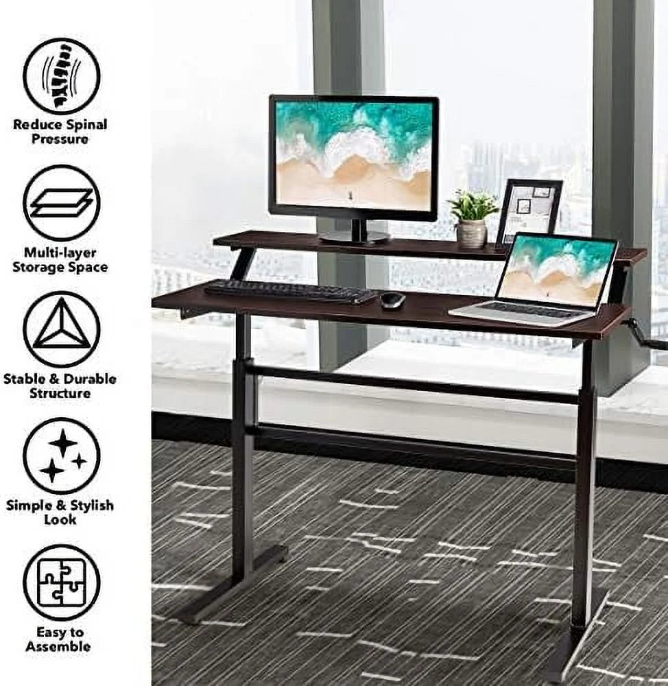 HJZBNONE Standing Desk 2-Tier Adjustable Computer Workstation with Monitor Stand, Brown U316573