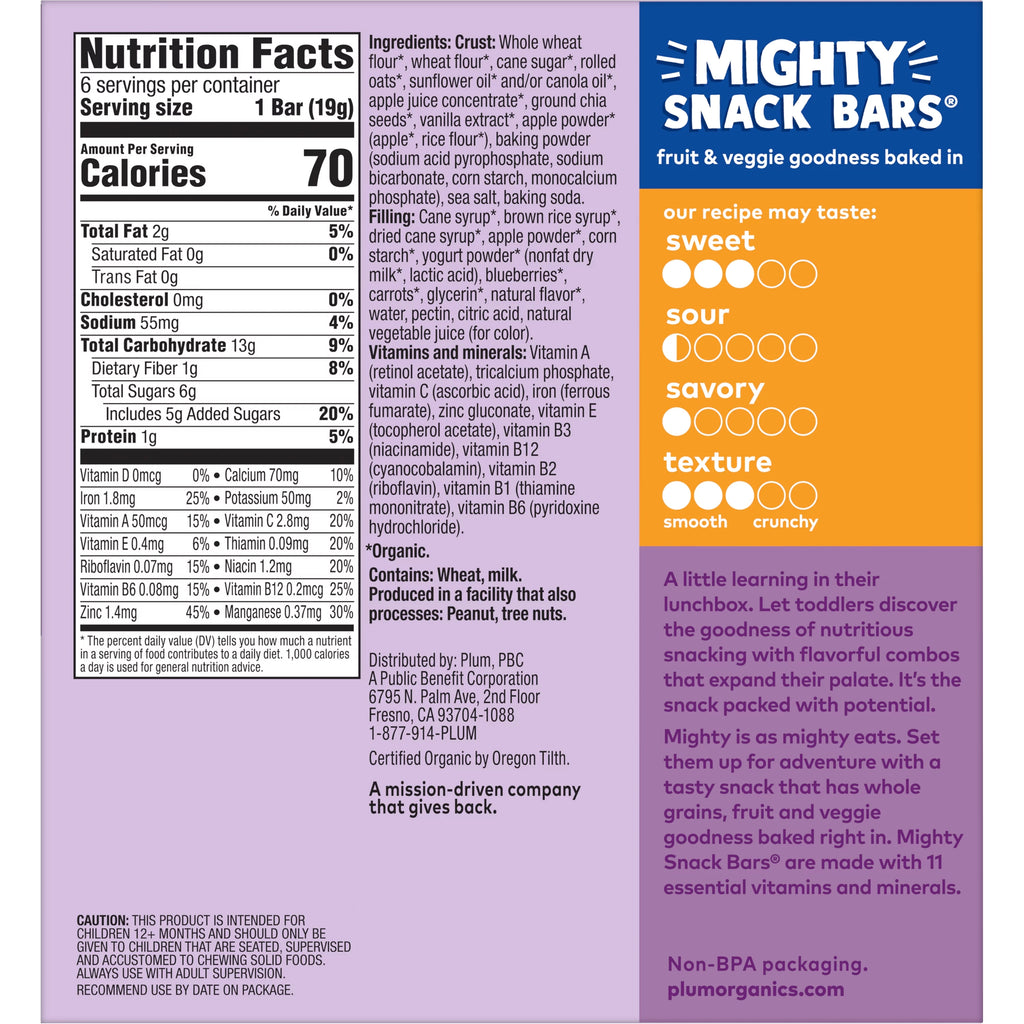 Plum Organics Mighty Snack Bars, Blueberry, 0.67 oz, 6 Count, 8 Pack B44597
