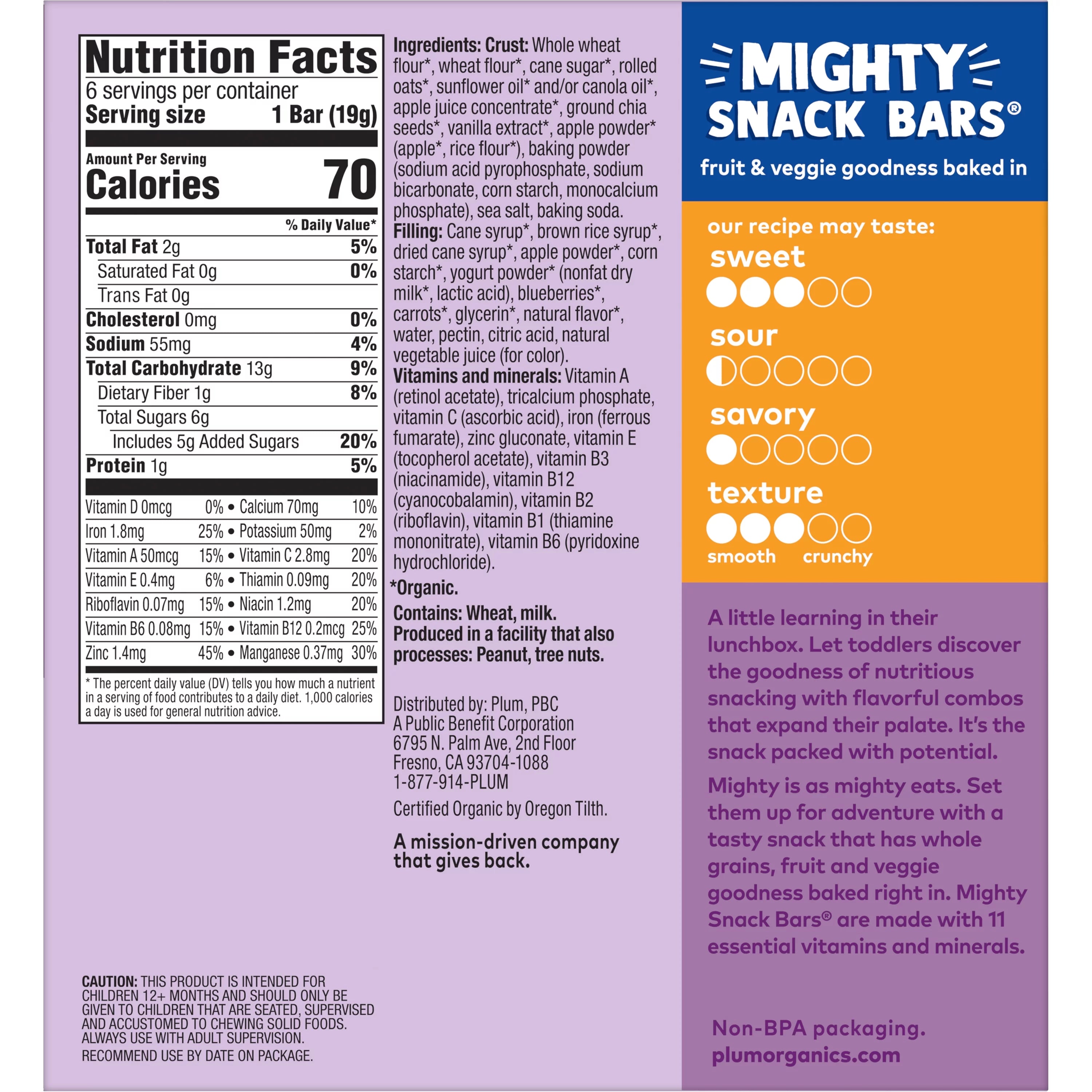 Plum Organics Mighty Snack Bars, Blueberry, 0.67 oz, 6 Count, 8 Pack B44597