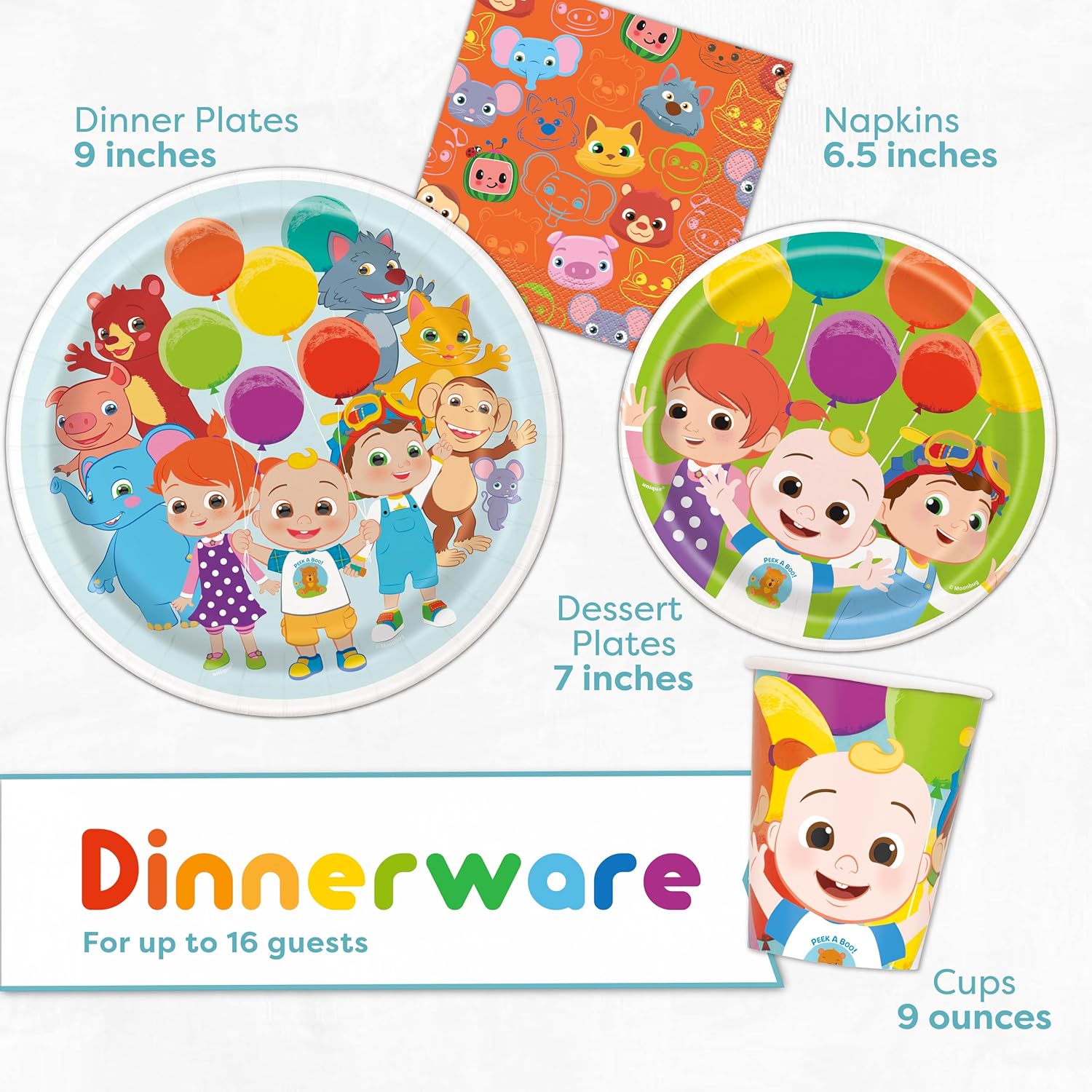 Cocomelon Birthday Party Supplies for 16 Guests with Plates, Cups, Napkins T312