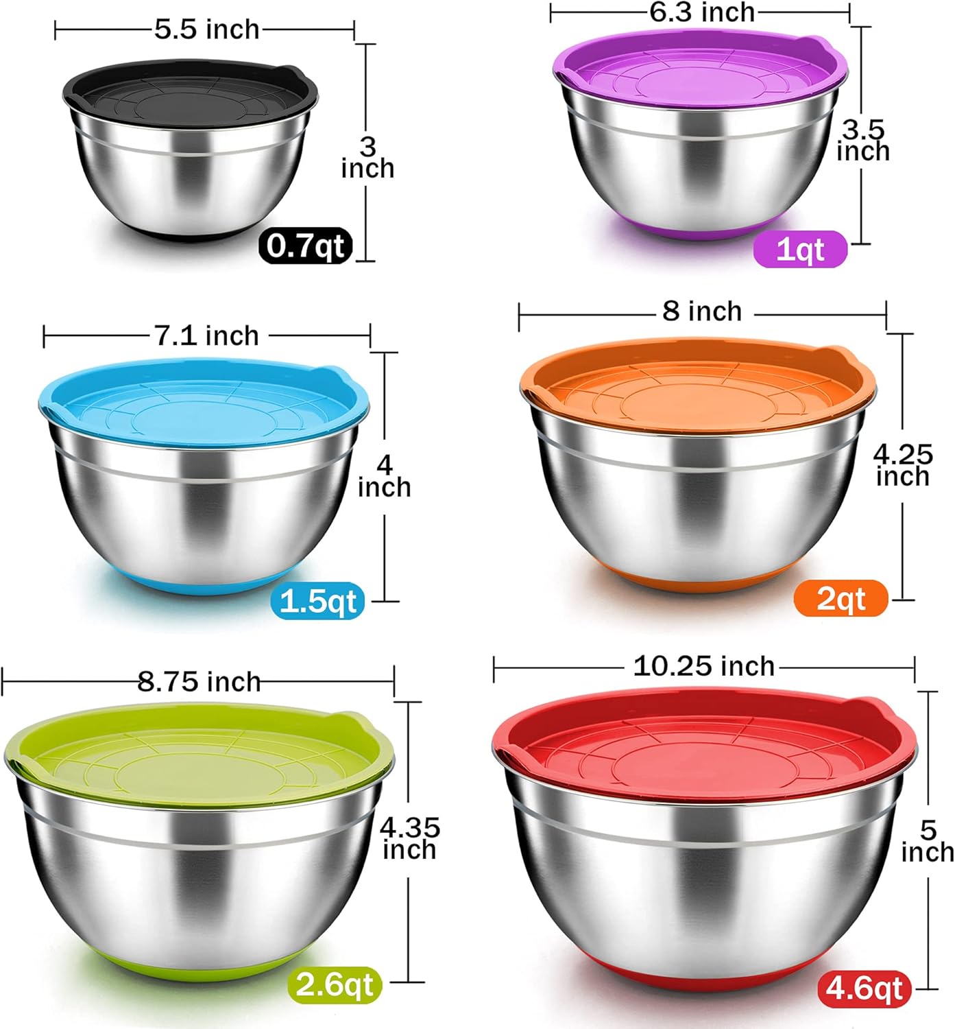 TeamFar Stainless Steel Mixing Bowls with Airtight Lids, Set of 6 Z330395