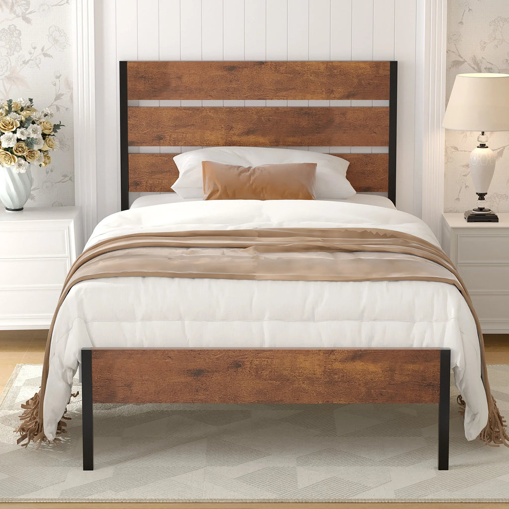 VECELO Twin Bed Frame with Wooden Headboard, Metal Slats, Brown L2211