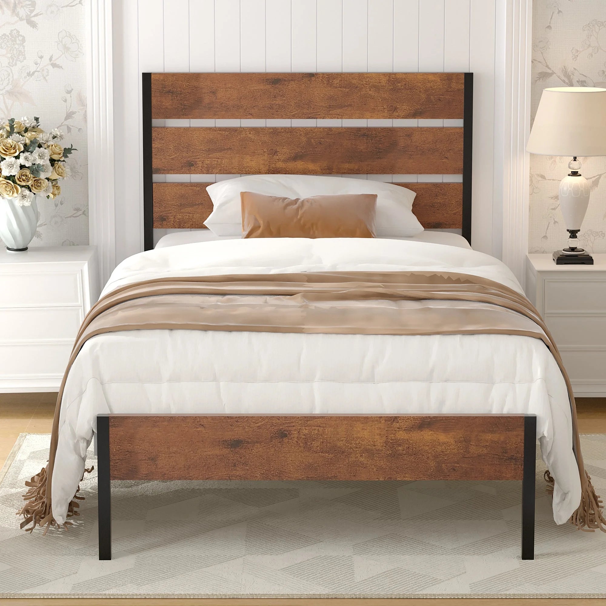 VECELO Twin Bed Frame with Wooden Headboard, Metal Slats, Brown L2211