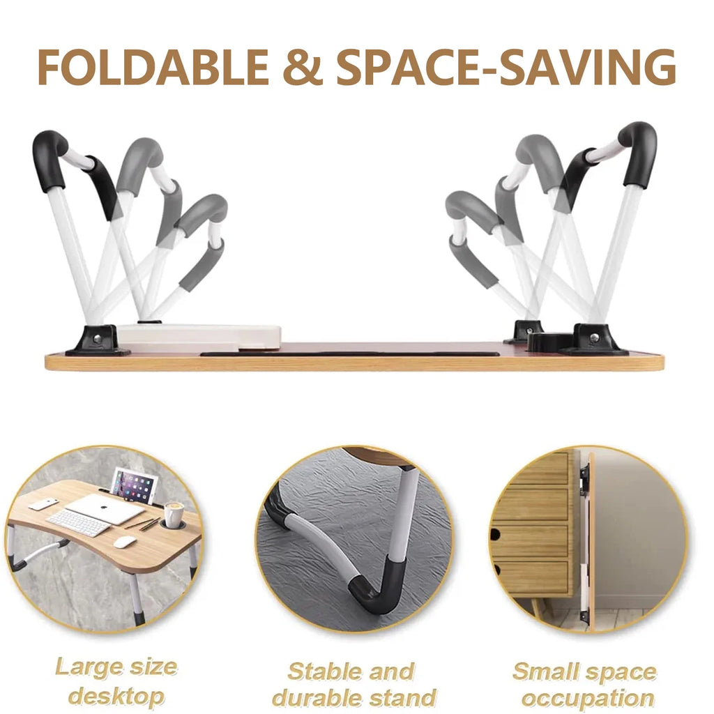 LEUCHTA Foldable Lap Desk, 23.6 Inch Portable Wood Laptop Table with Cup Holder and Drawer, Walnut K433269