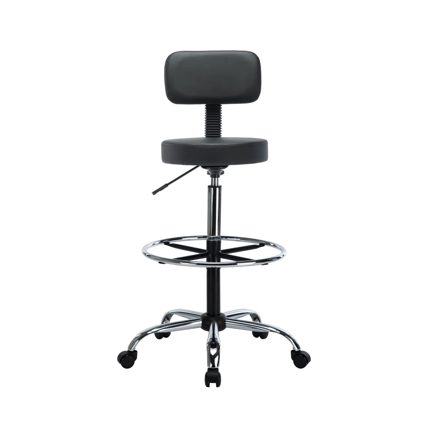 Height Adjustable Drafting Stool with Footrest, Faux Leather, Rolling Wheels by Naomi Home T38183
