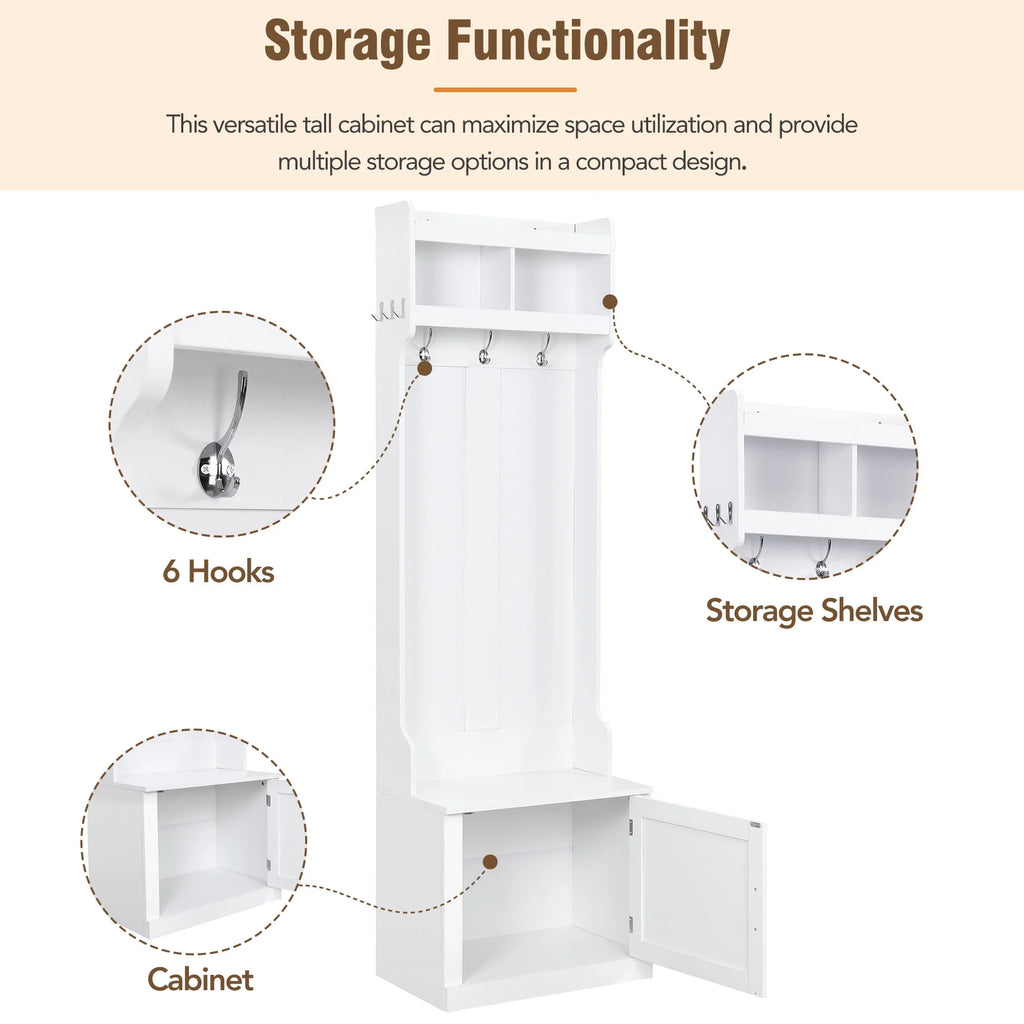 CoSoTower Minimalist Hall Tree with Cabinet & 6 Hanging Hooks, White N614324